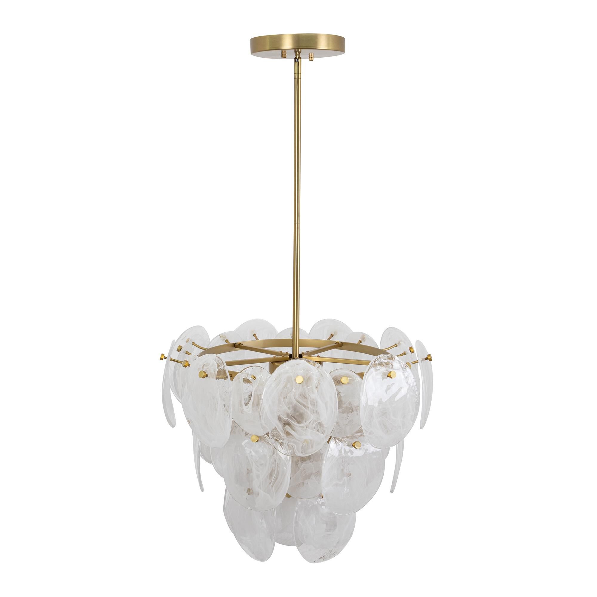 Shown in Brushed Brass finish and Wispy White Murano Style glass