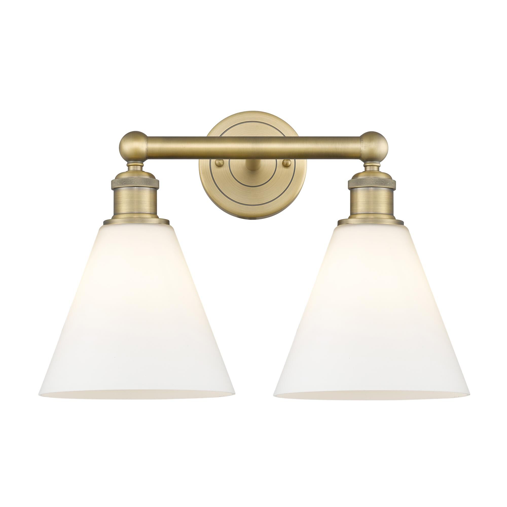Shown in Brushed Brass finish and Matte White glass