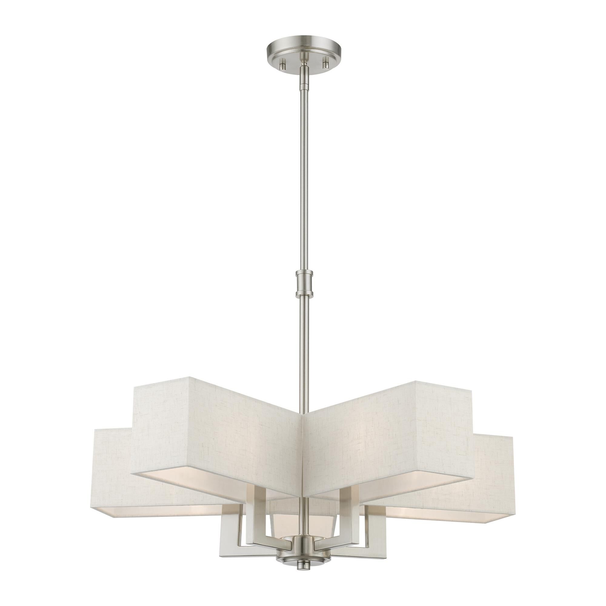 Shown in Brushed Nickel finish and Hand Crafted Oatmeal Color Hardback Fabric With White Fabric Inside shade