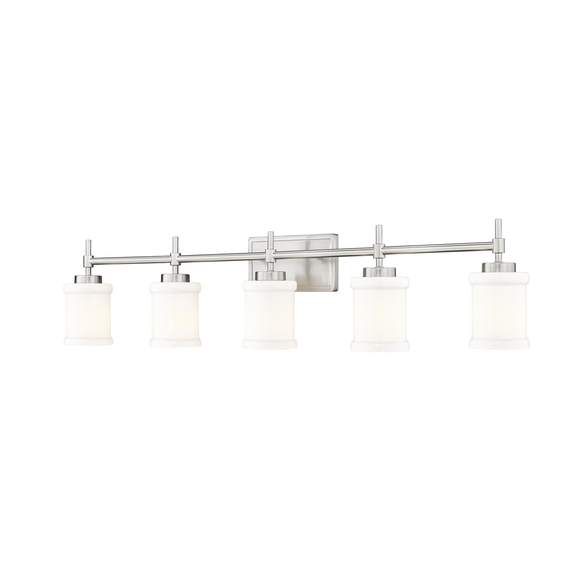 Shown in Brushed Nickel finish and Gloss Opal glass and Gloss Opal shade