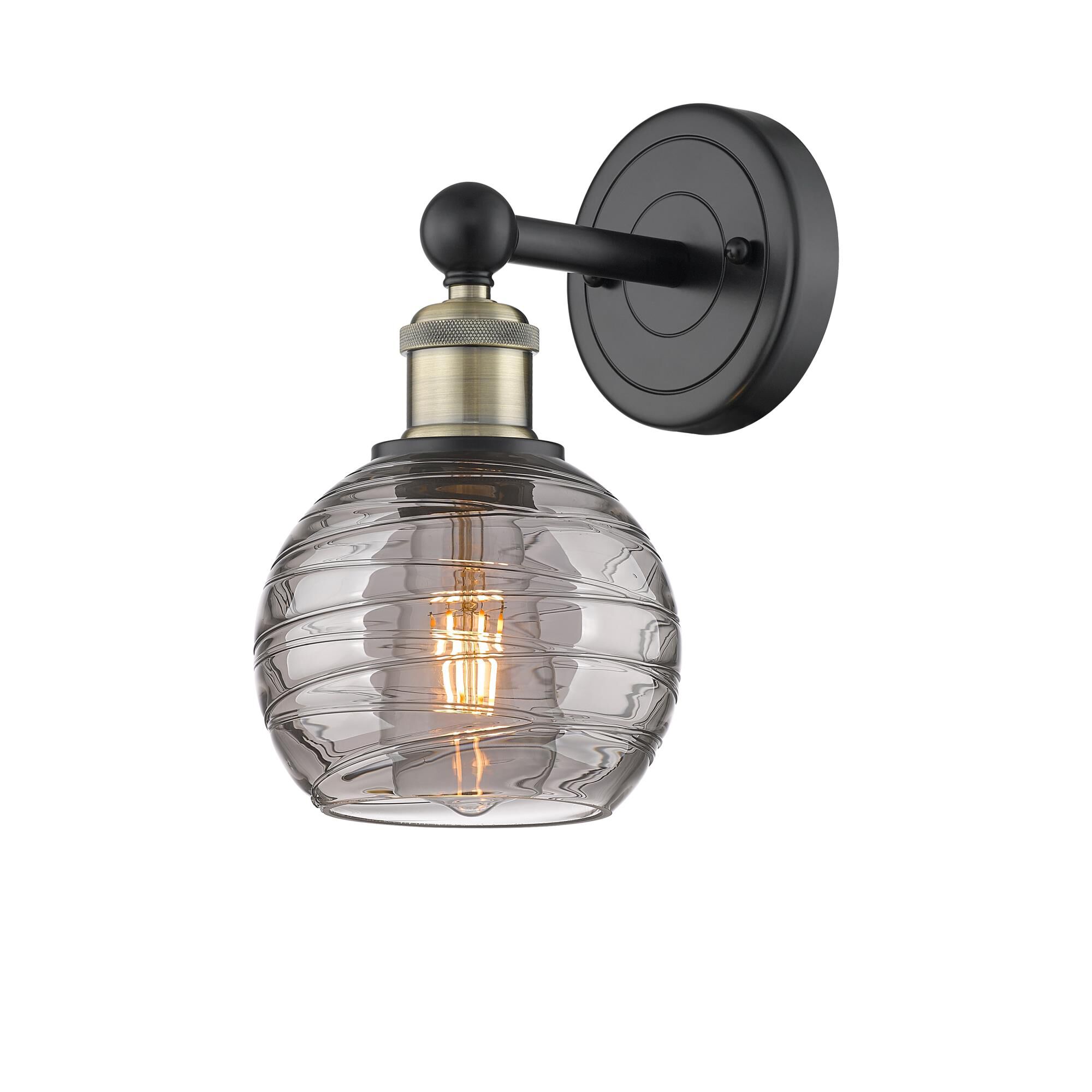 Shown in Black Antique Brass finish and Light Smoke Deco Swirl glass