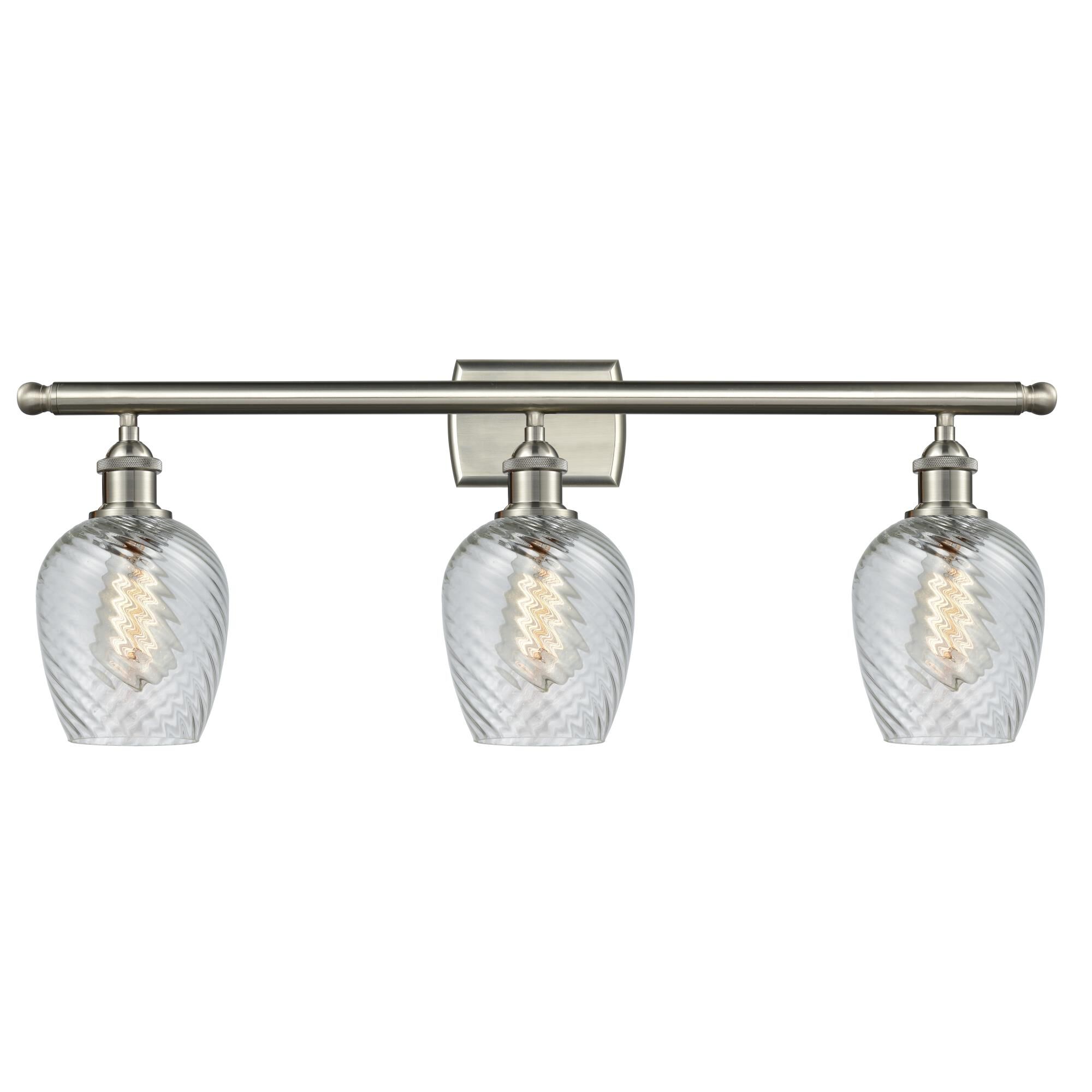 Shown in Brushed Satin Nickel finish and Clear Spiral Fluted glass