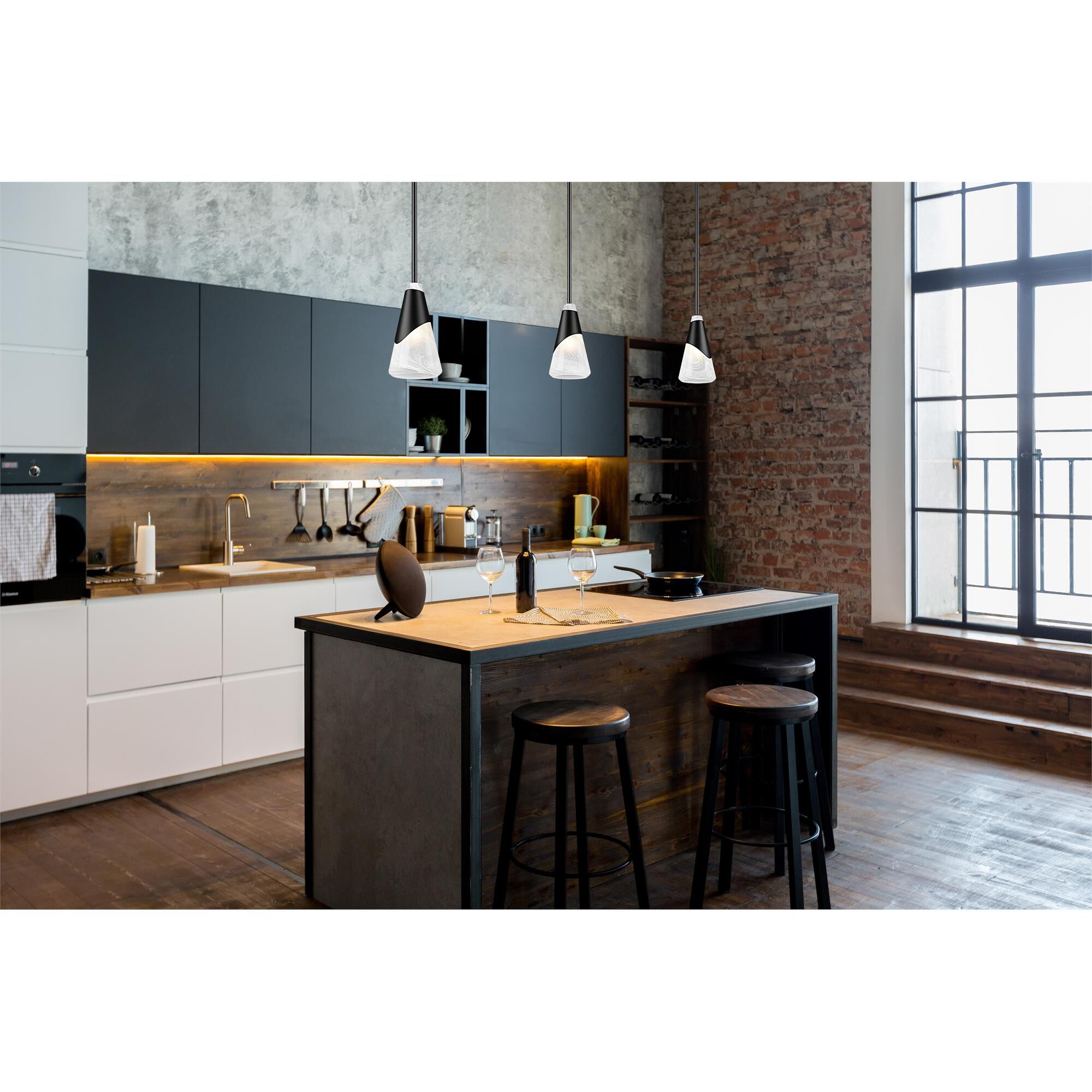Shown in Matte Black finish and White Swirl glass and White Swirl shade