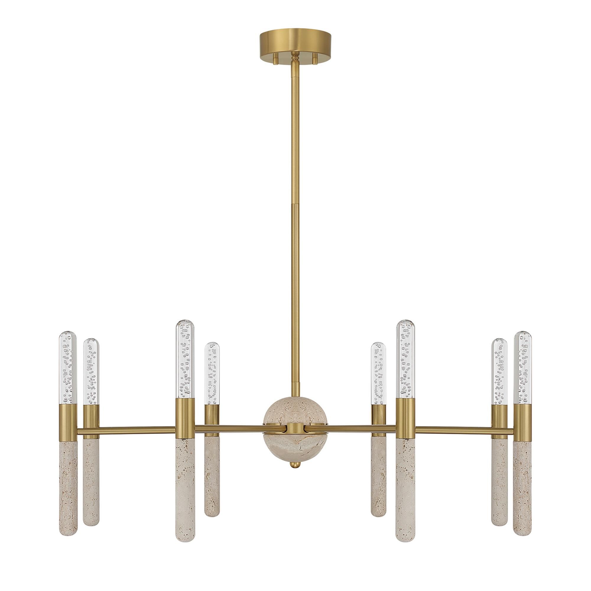 Shown in Warm Brass finish and Clear Seeded glass and Beige Travertine accent