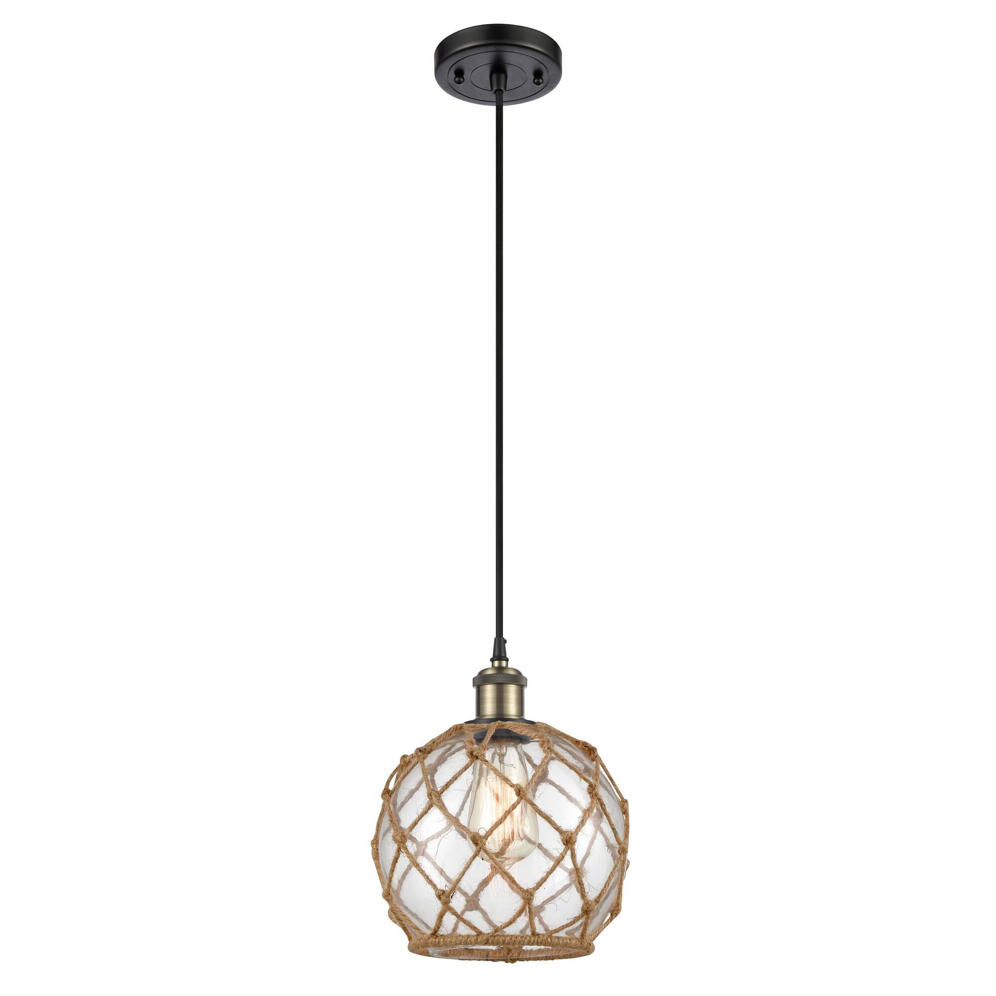 Shown in Black Antique Brass finish and Clear Farmhousewith Brown Rope glass