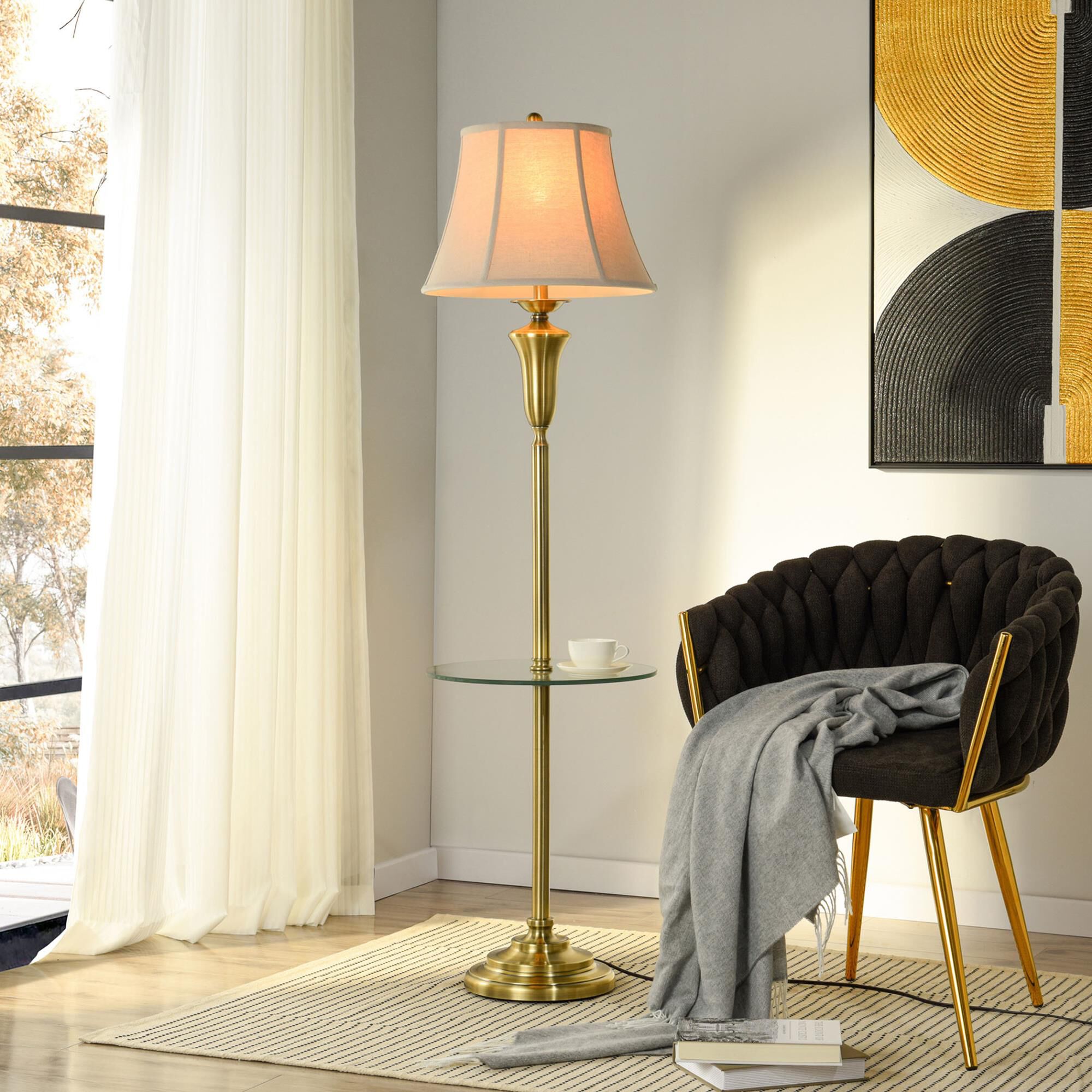 Shown in Antique Brass finish and Natural Linen Fabric shade