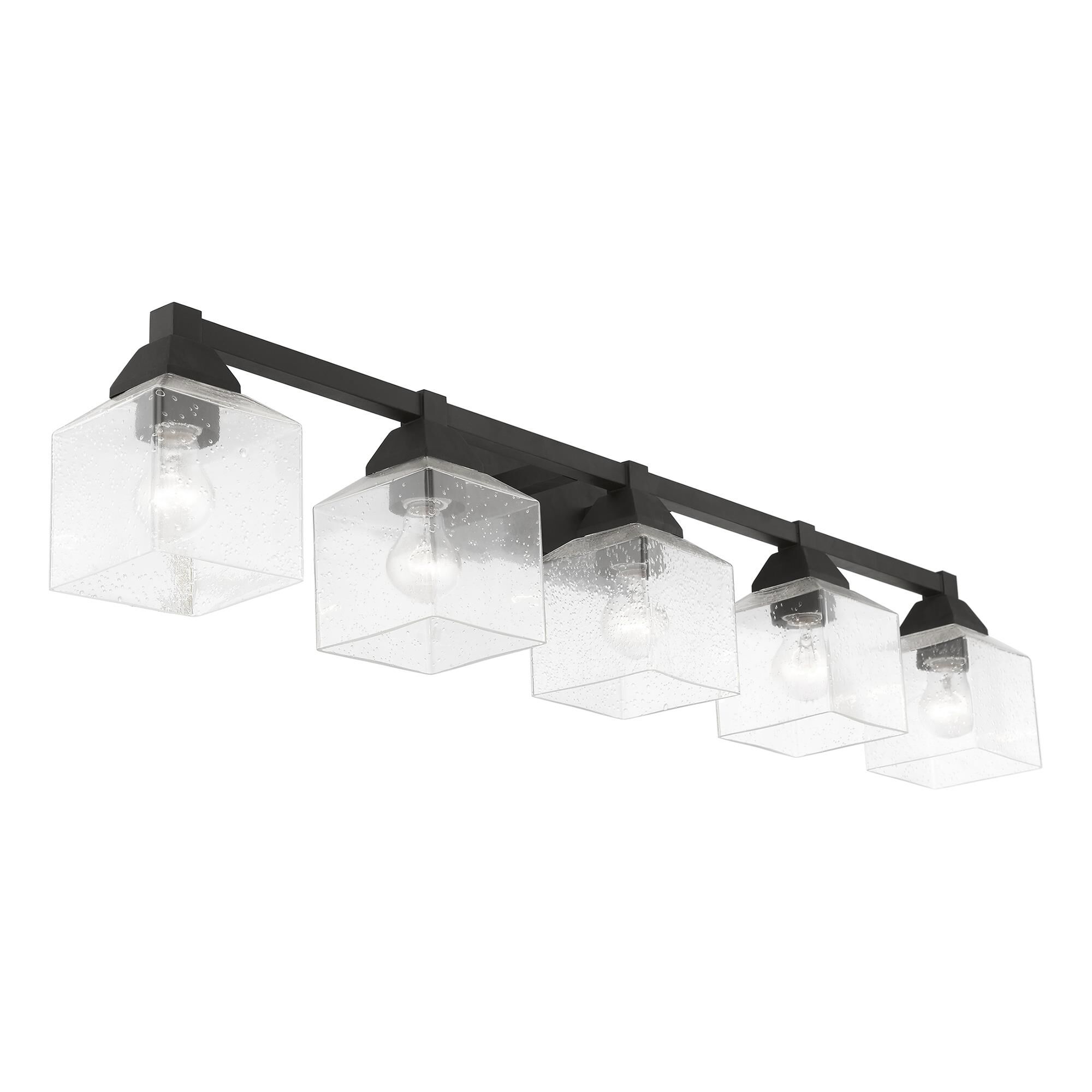 Shown in Black finish and Hand Blown Clear Seeded glass