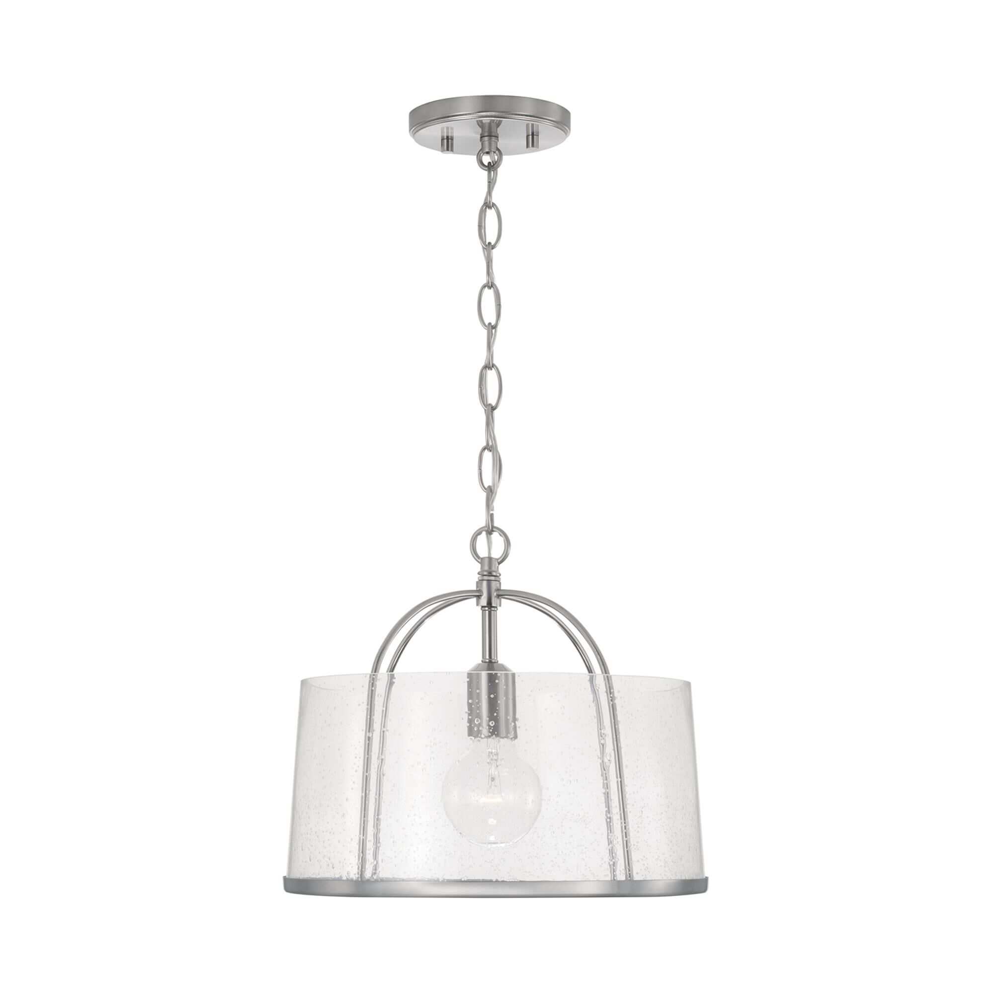 Shown in Brushed Nickel finish and Clear Seeded glass