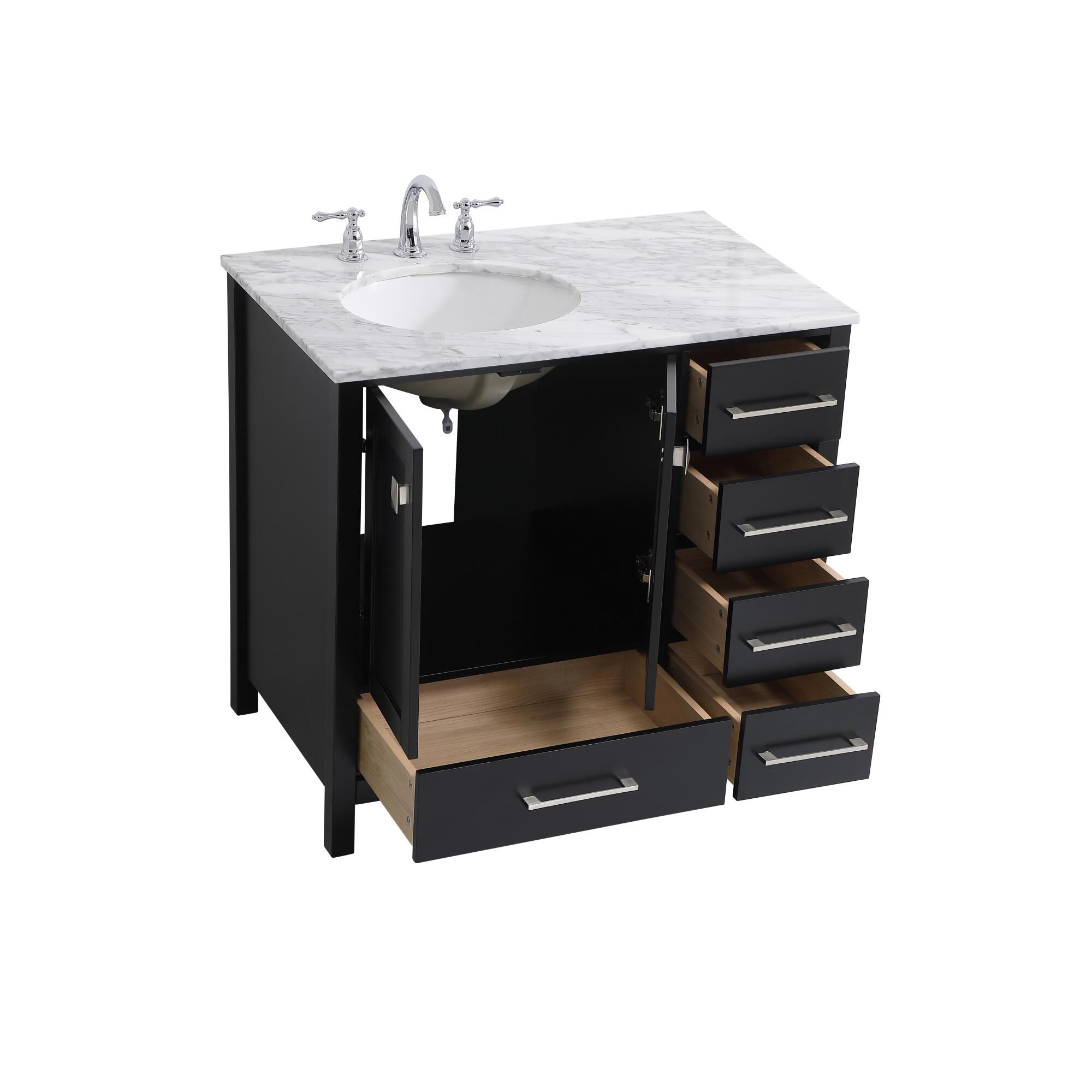 Shown in Black And Brushed Nickel With Carrara White Marble finish