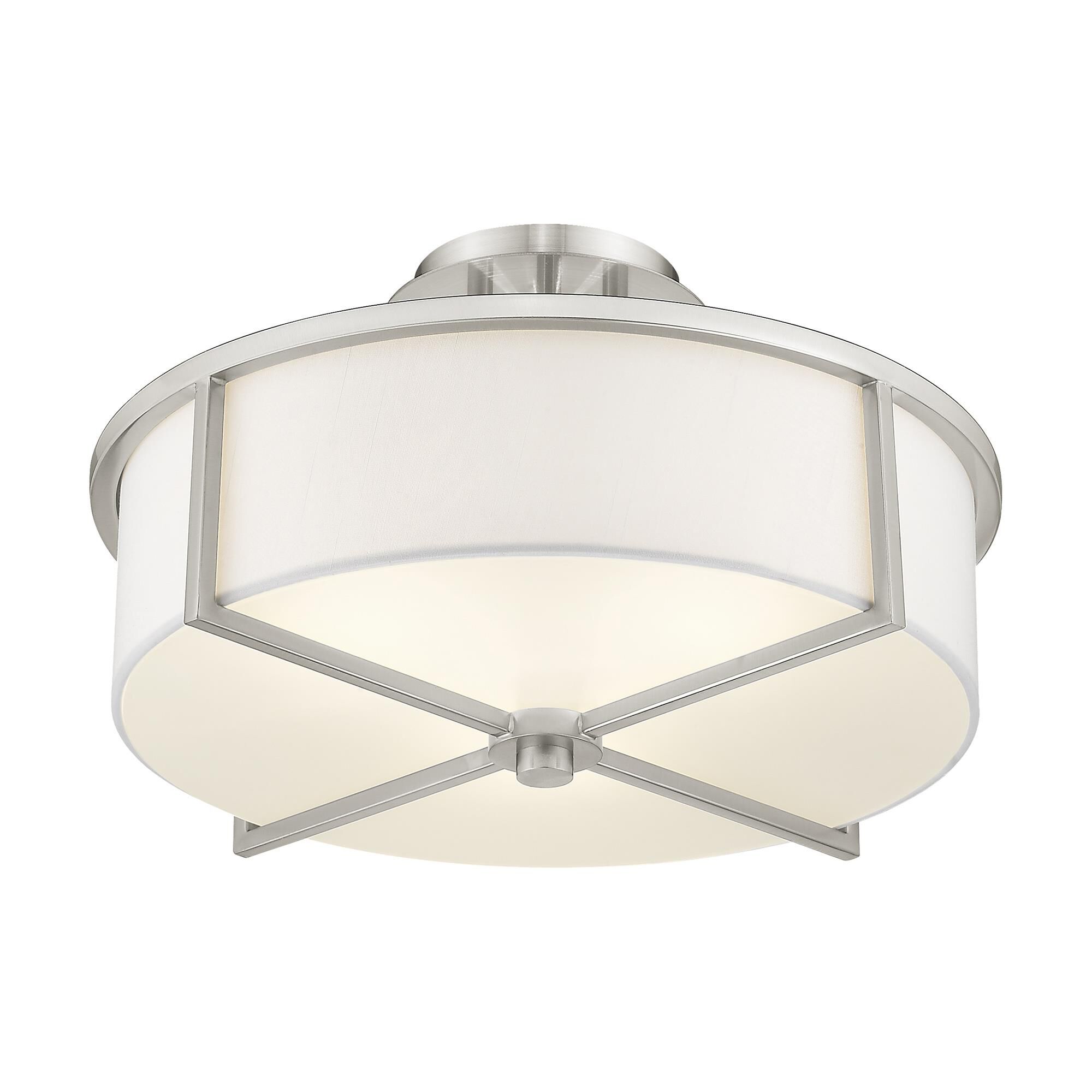 Shown in Brushed Nickel finish and Hand Crafted Off-White Fabric Hardback shade