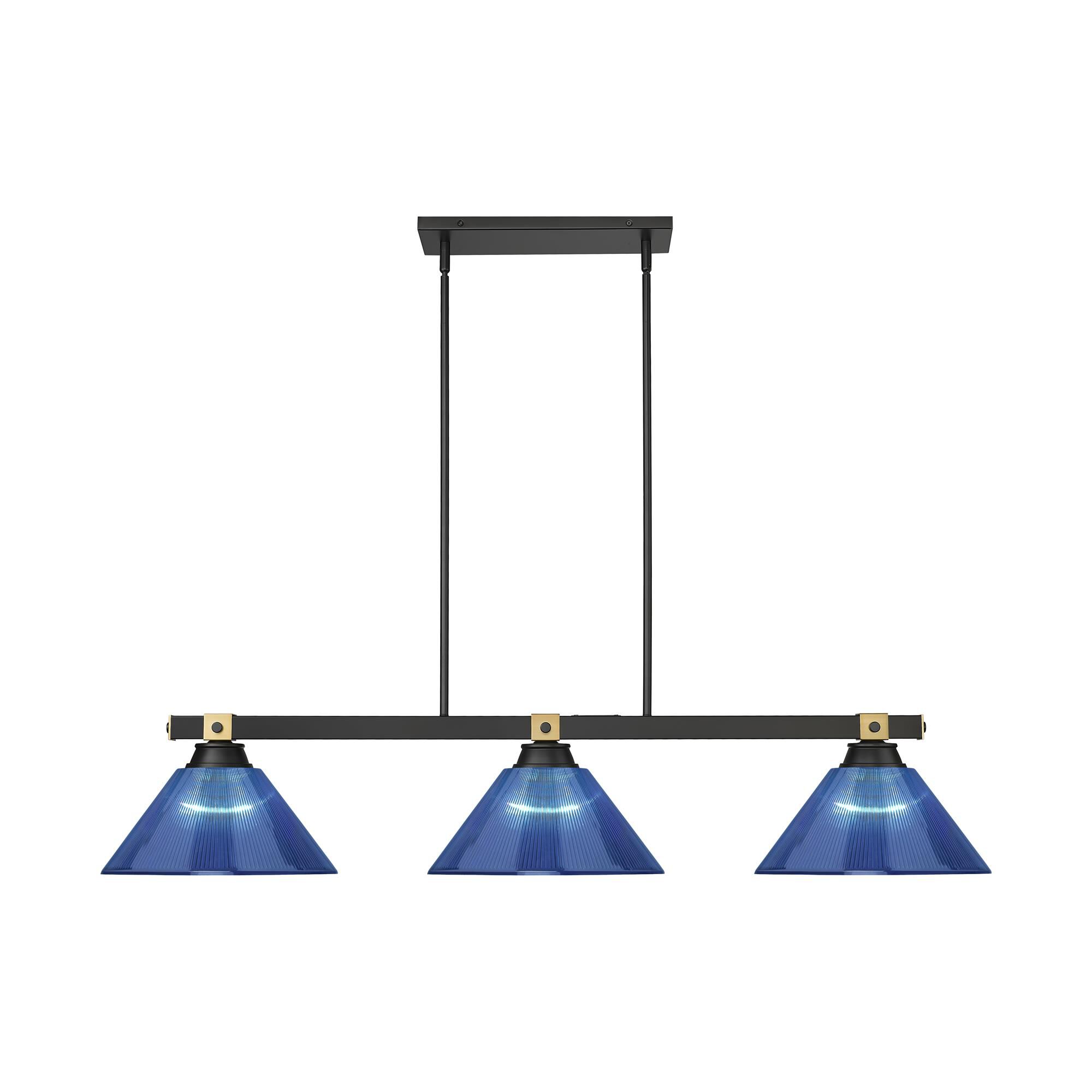 Shown in Matte Black + Rubbed Brass finish and Dark Blue glass and Dark Blue shade
