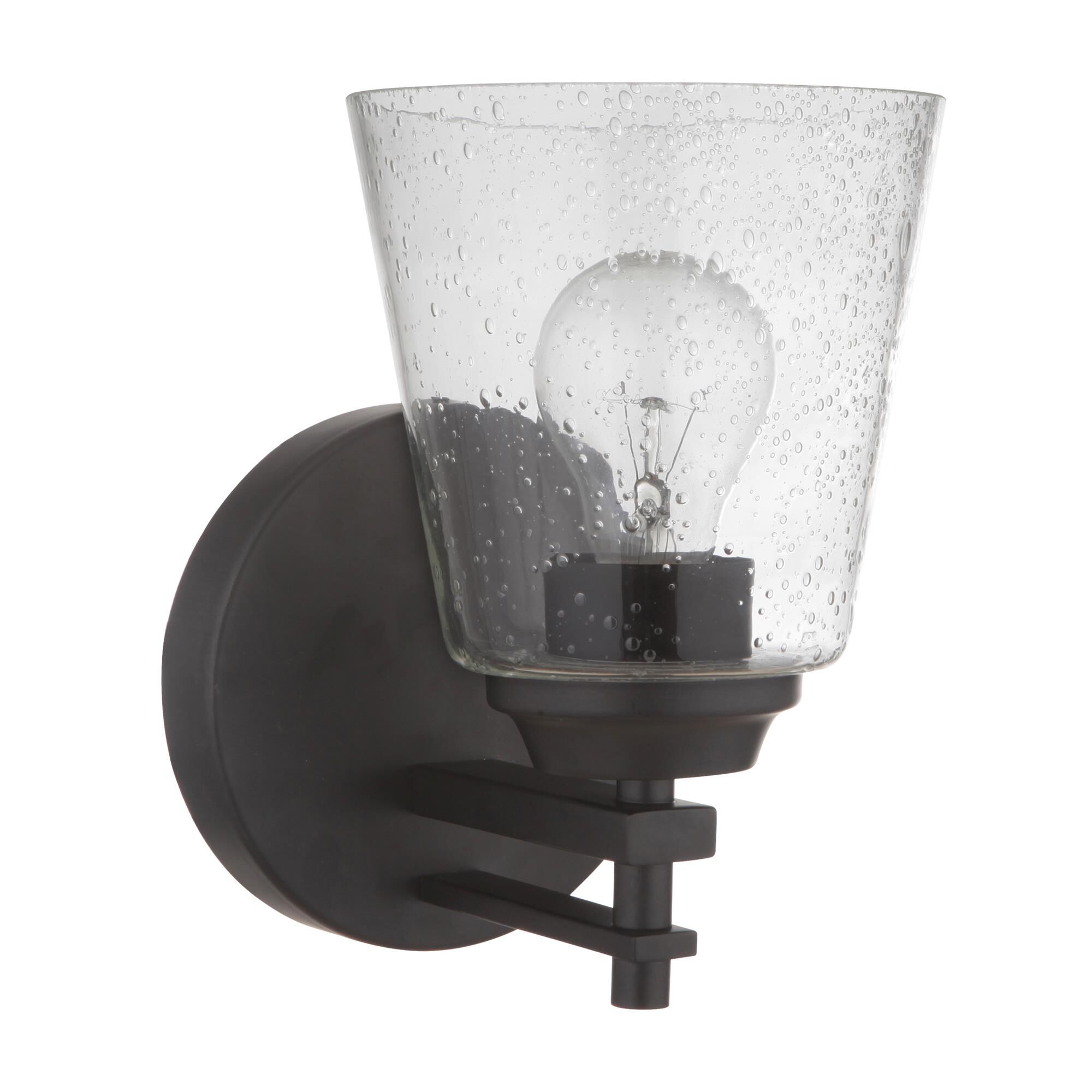 Shown in Flat Black finish and Clear Seeded glass and Glass shade