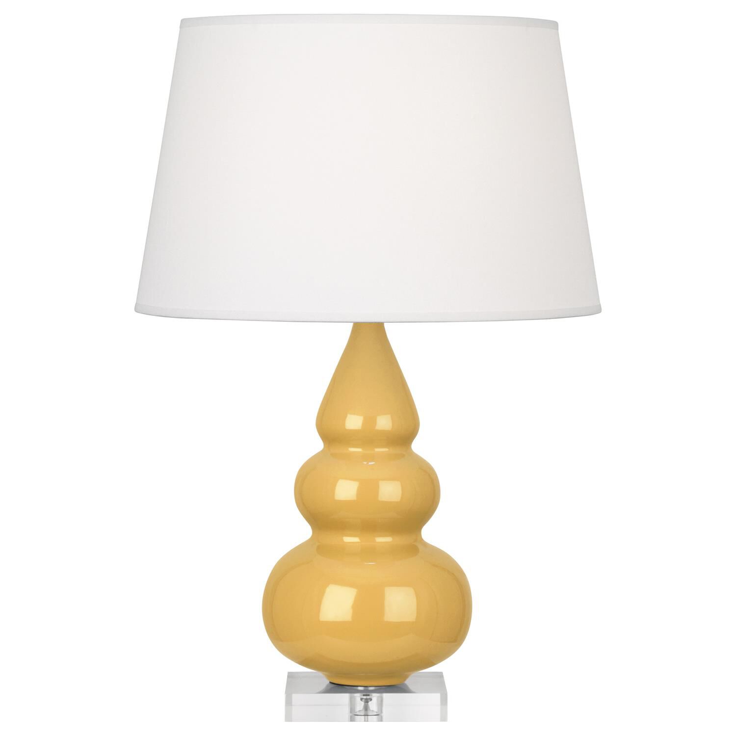 Shown in Sunset Yellow Glazed Ceramic With Lucite Base finish and Pearl Dupioni Fabric shade