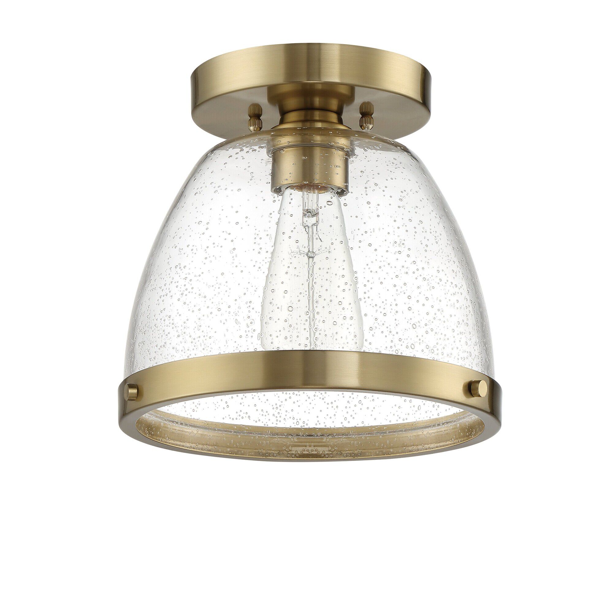 Shown in Satin Brass finish and Clear Seeded glass and Glass shade