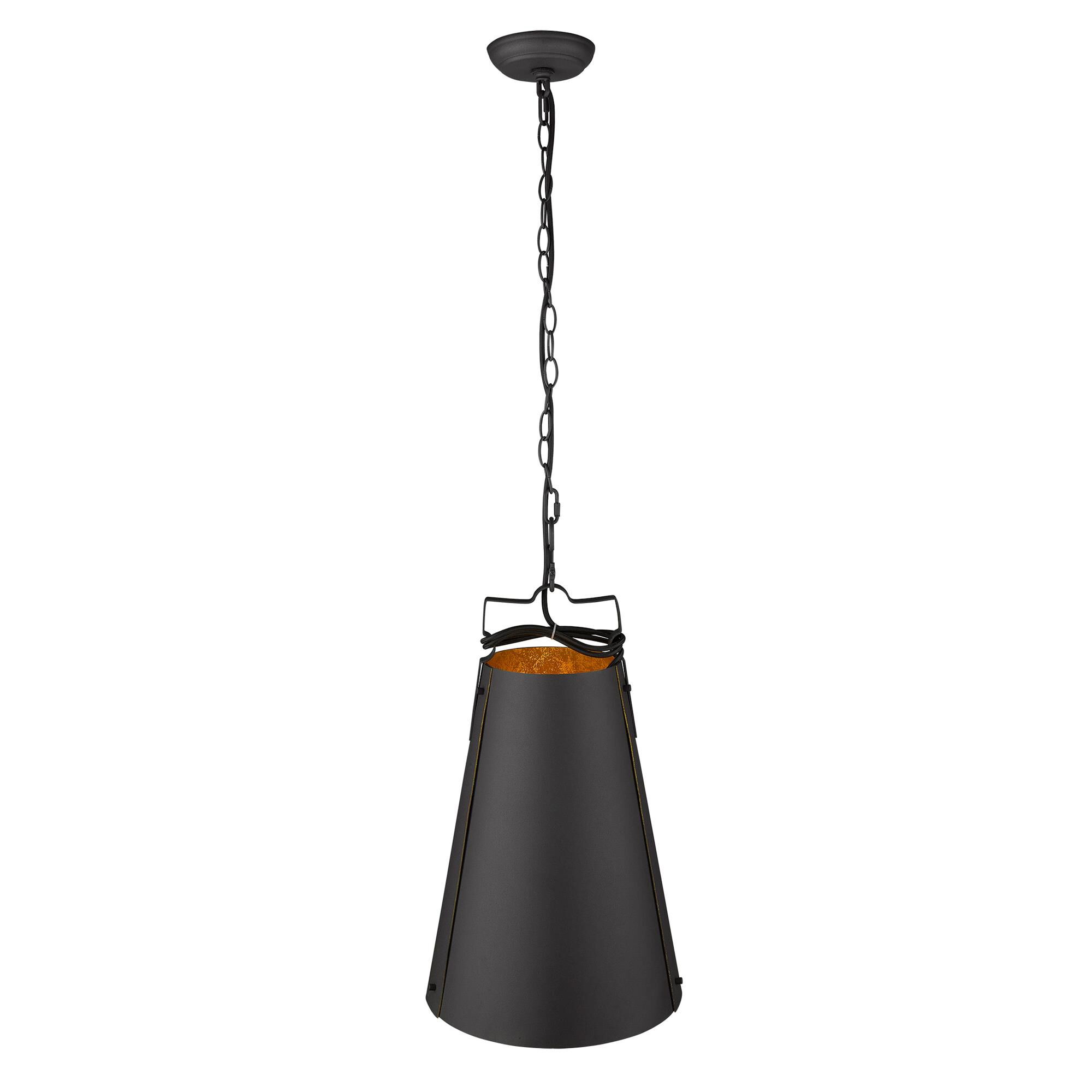 Shown in Matte Black finish and Black glass and Black Metal Cone Shaped  W/ Gold Interior shade