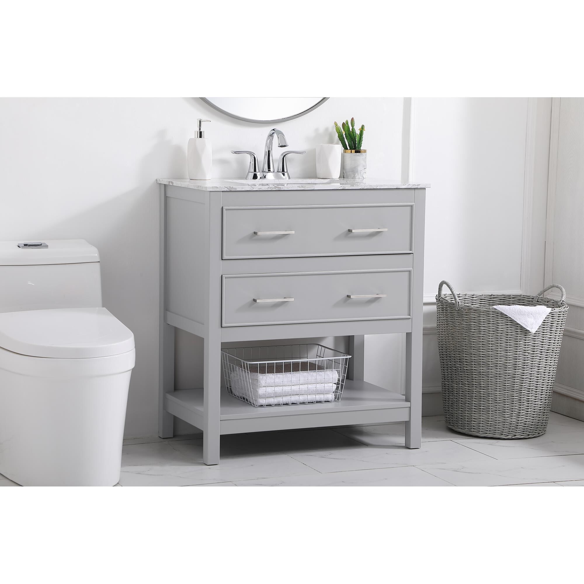 Shown in Grey And Brushed Nickel With Calacatta Quartz finish