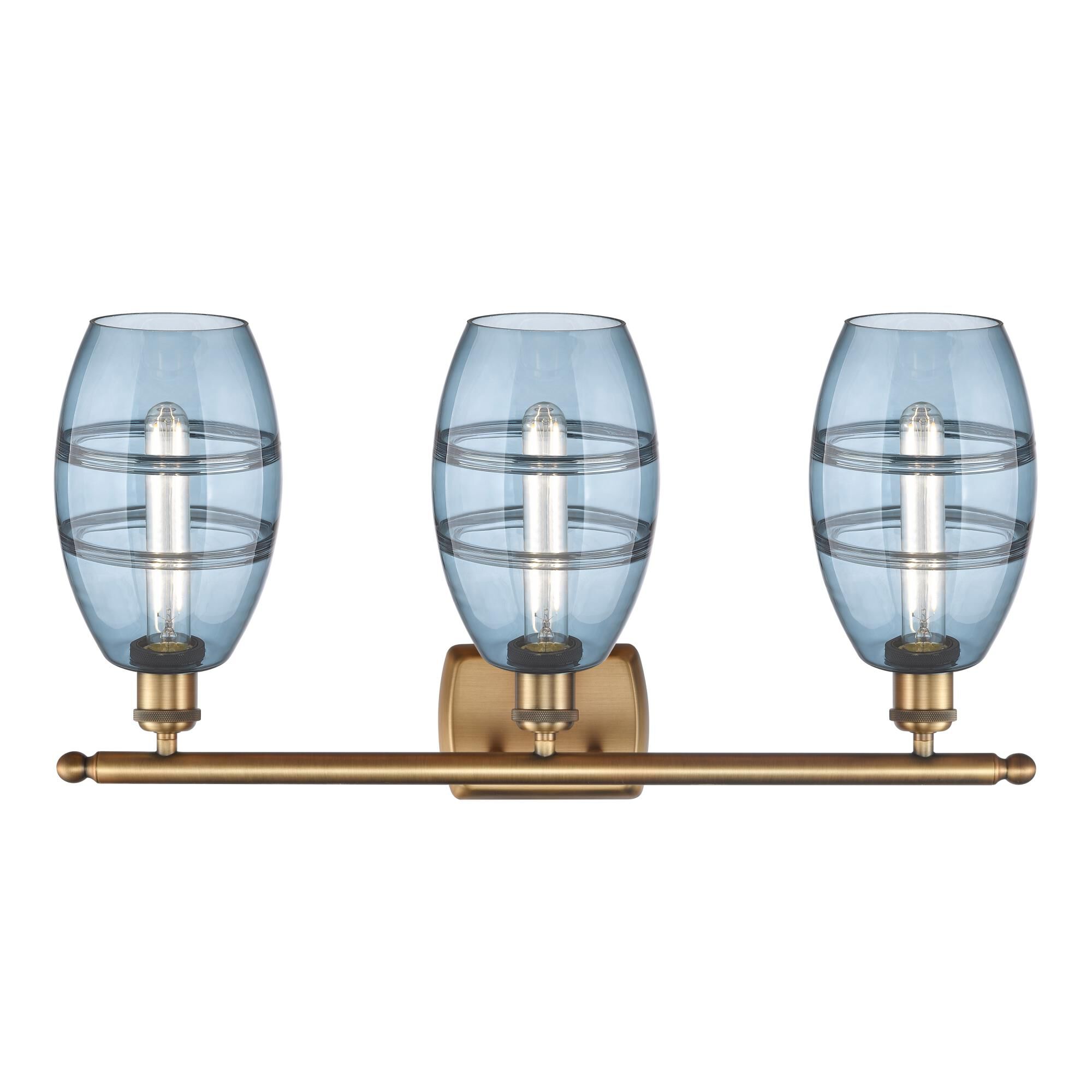 Shown in Brushed Brass finish and Princess Blue glass