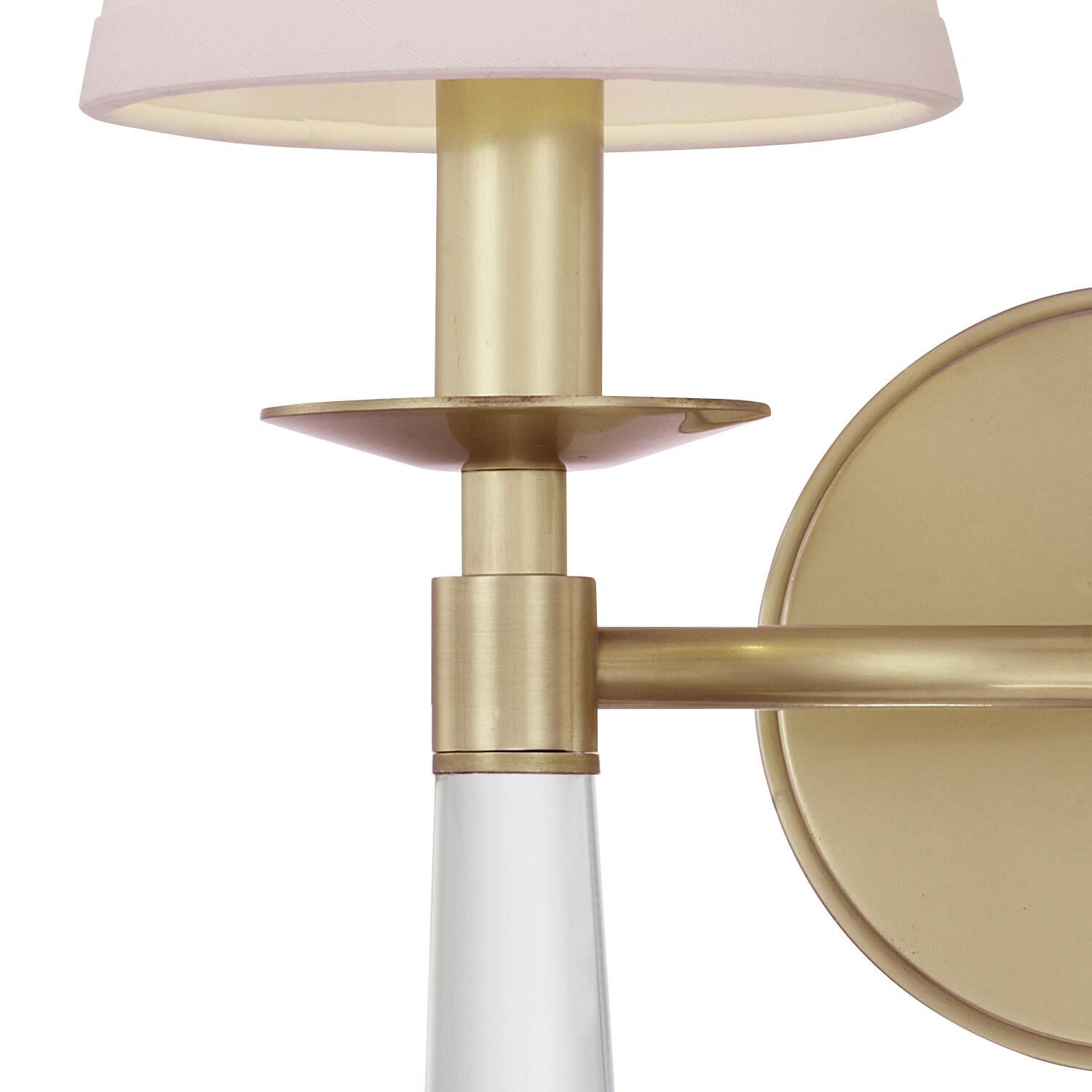 Shown in Aged Brass finish and Glass Finials crystal and White Silk shade