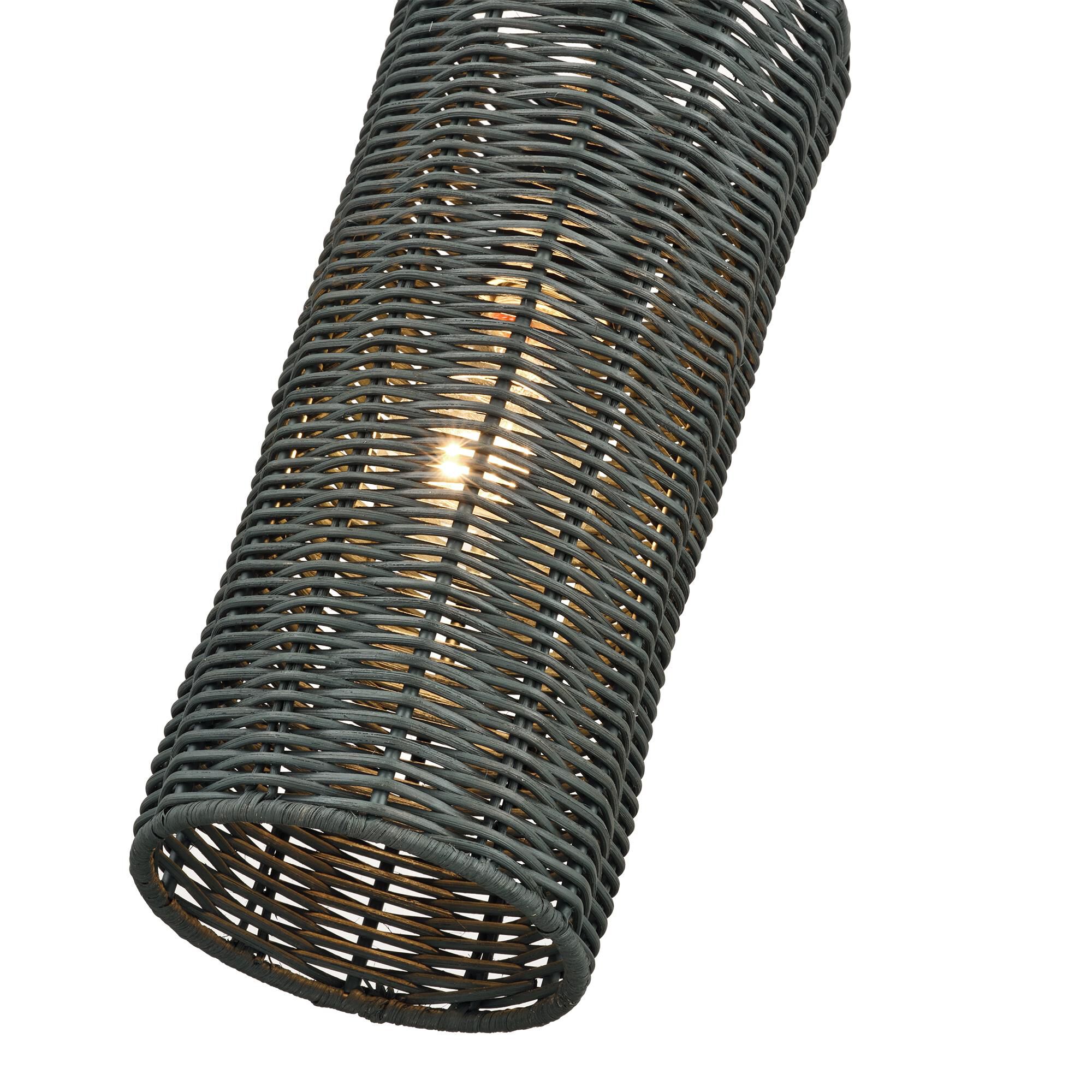 Shown in Black finish and Hand-Woven Charred Gray Color Rattan shade