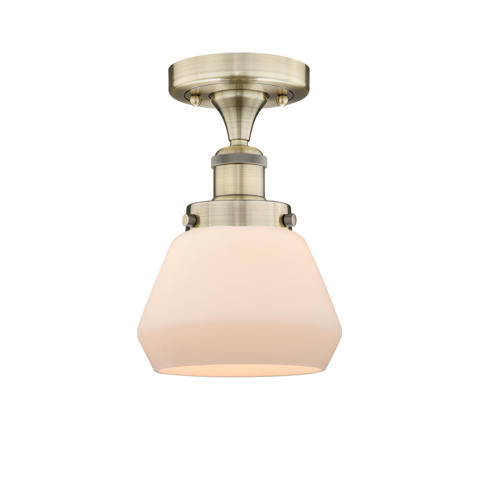 Shown in Antique Brass finish and Matte White glass