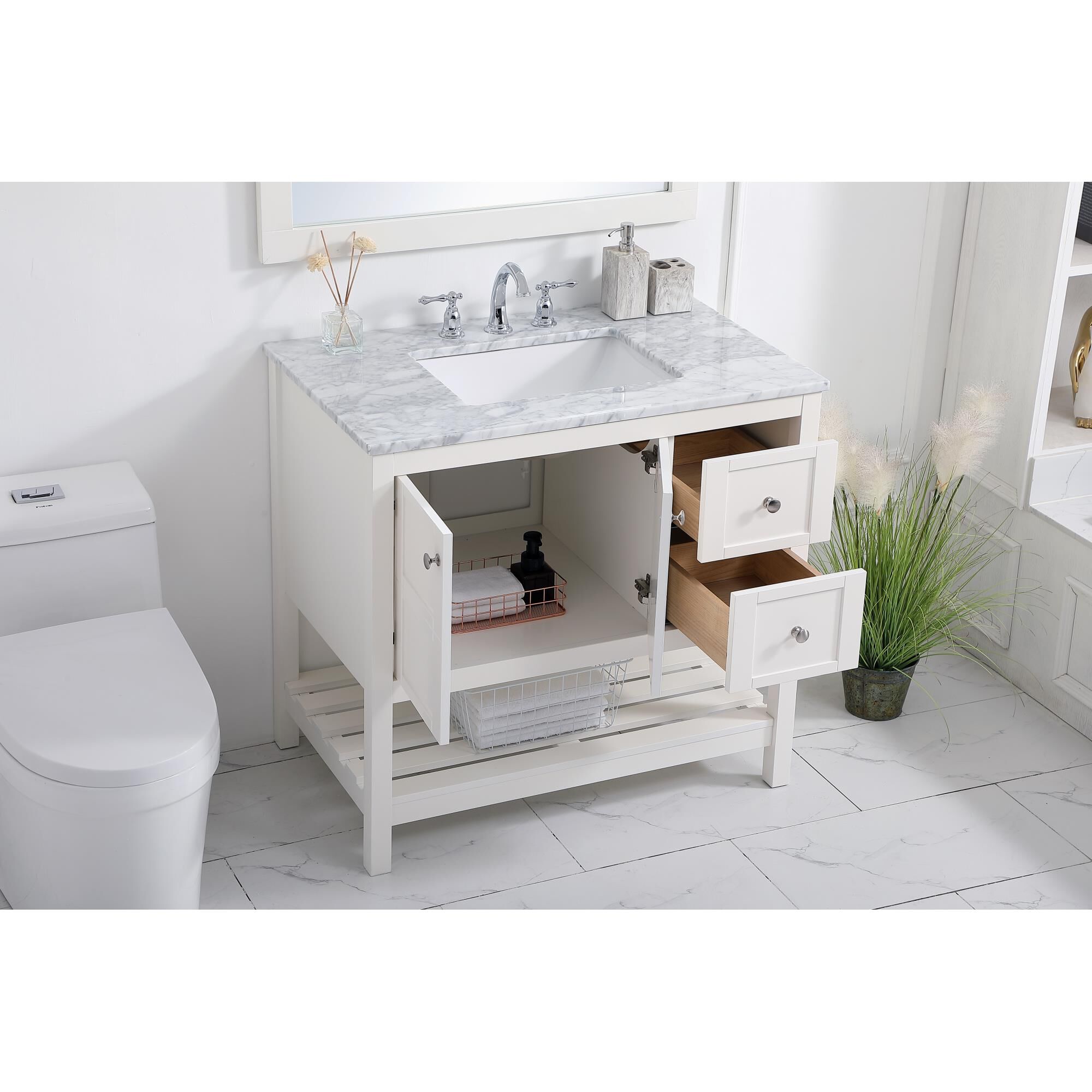 Shown in White And Brushed Nickel With Carrara White Marble finish