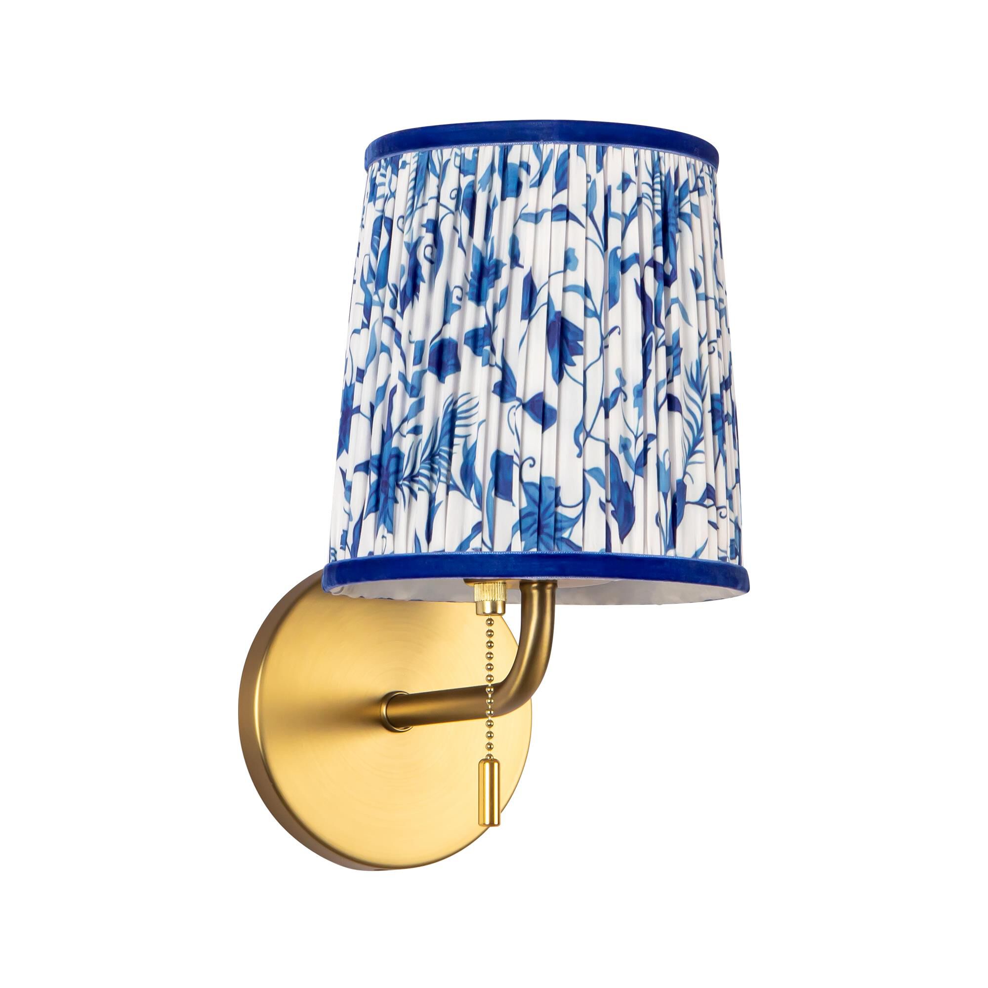 Shown in Brushed Gold finish and Blue Linen shade