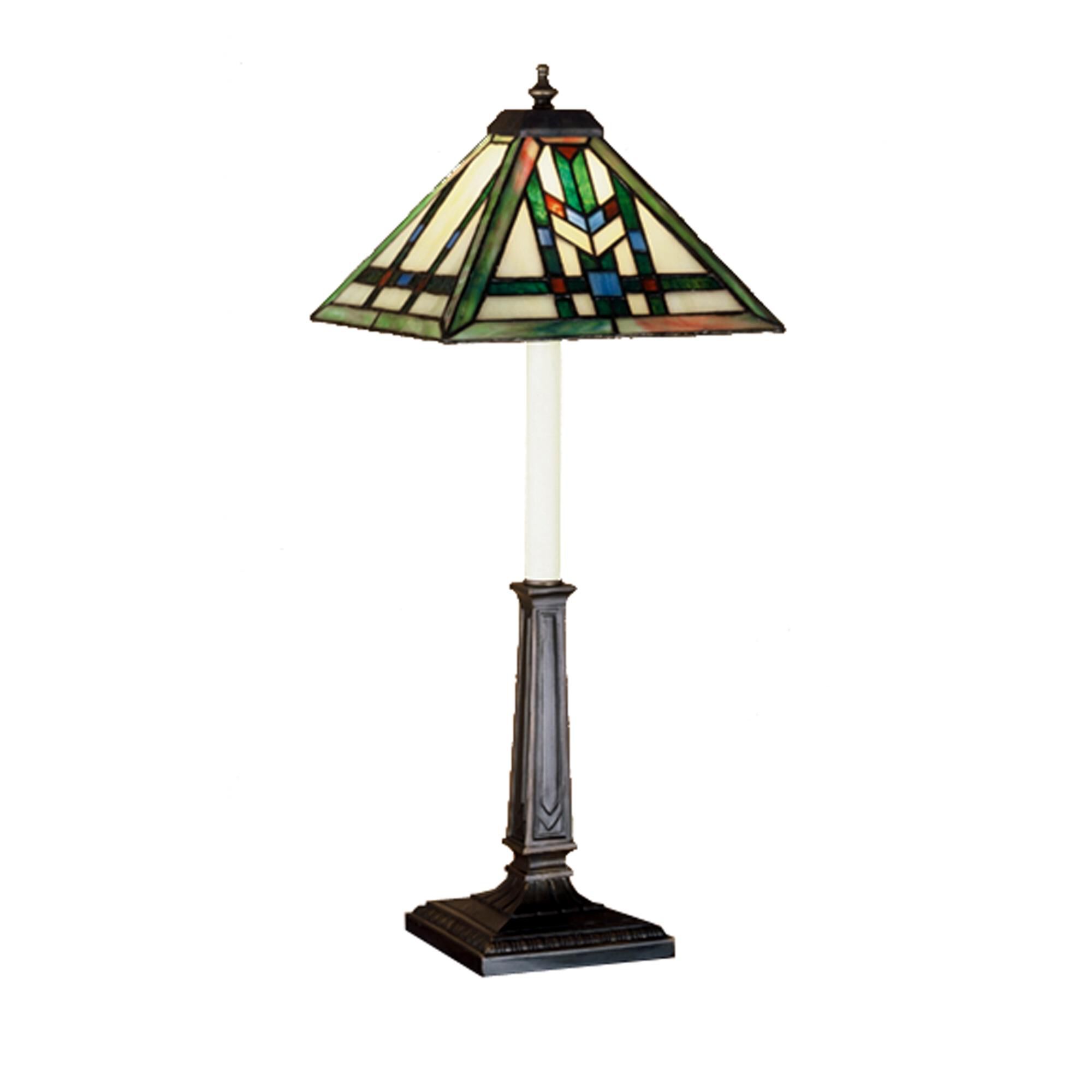 Shown in Mahogany Bronze finish and Beige-Green-Light Blue-Burgundy glass