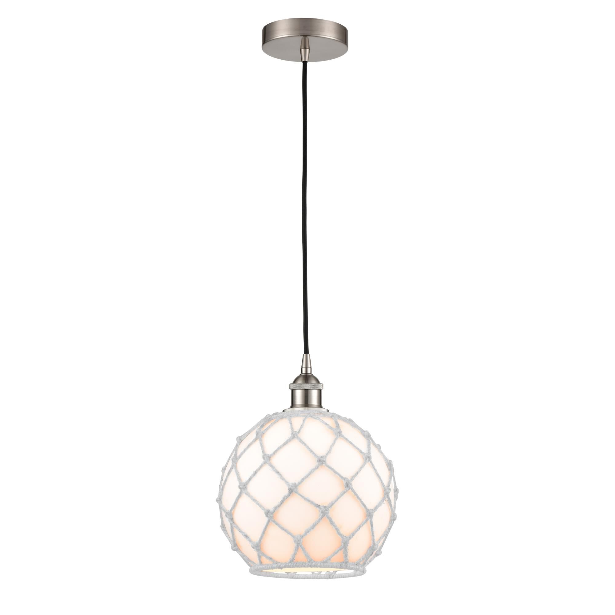 Shown in Brushed Satin Nickel finish and White Large Farmhouse With White Rope glass