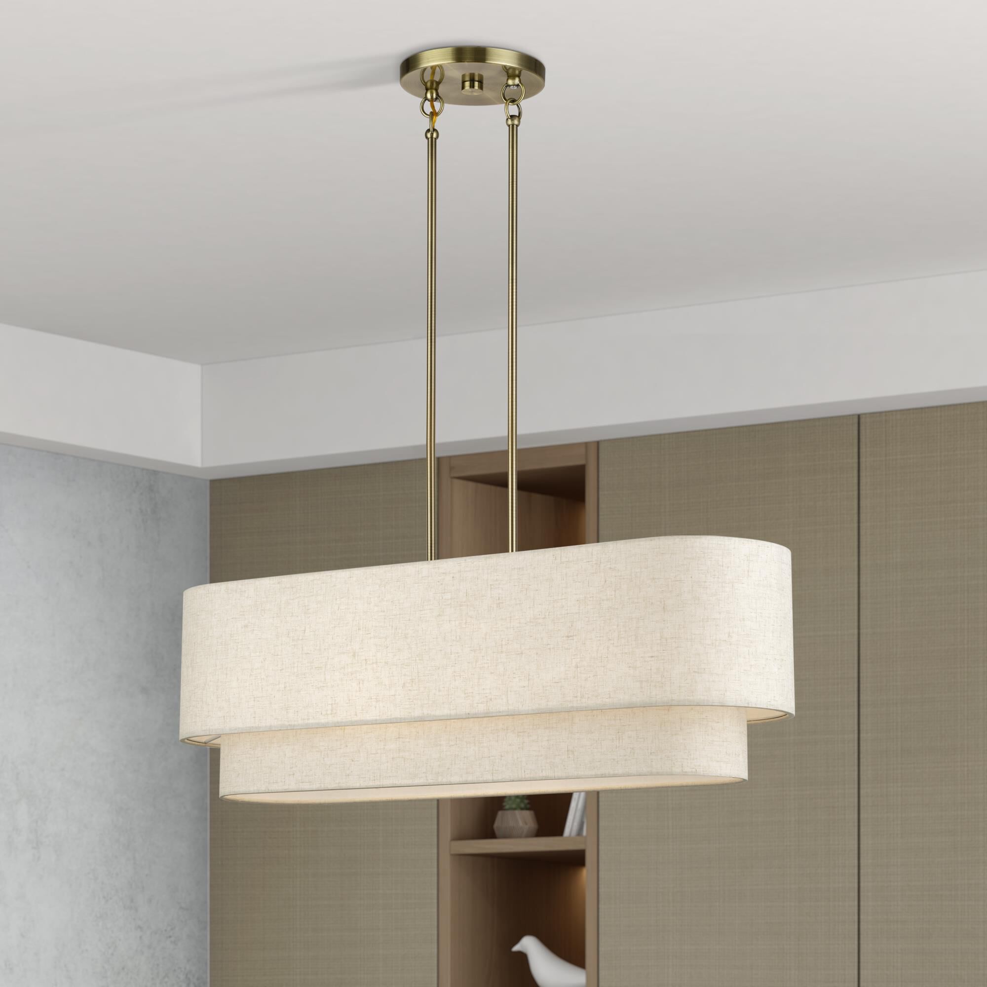 Shown in Antique Brass finish and Hand Crafted Oatmeal Color Fabric with White Color Inside shade