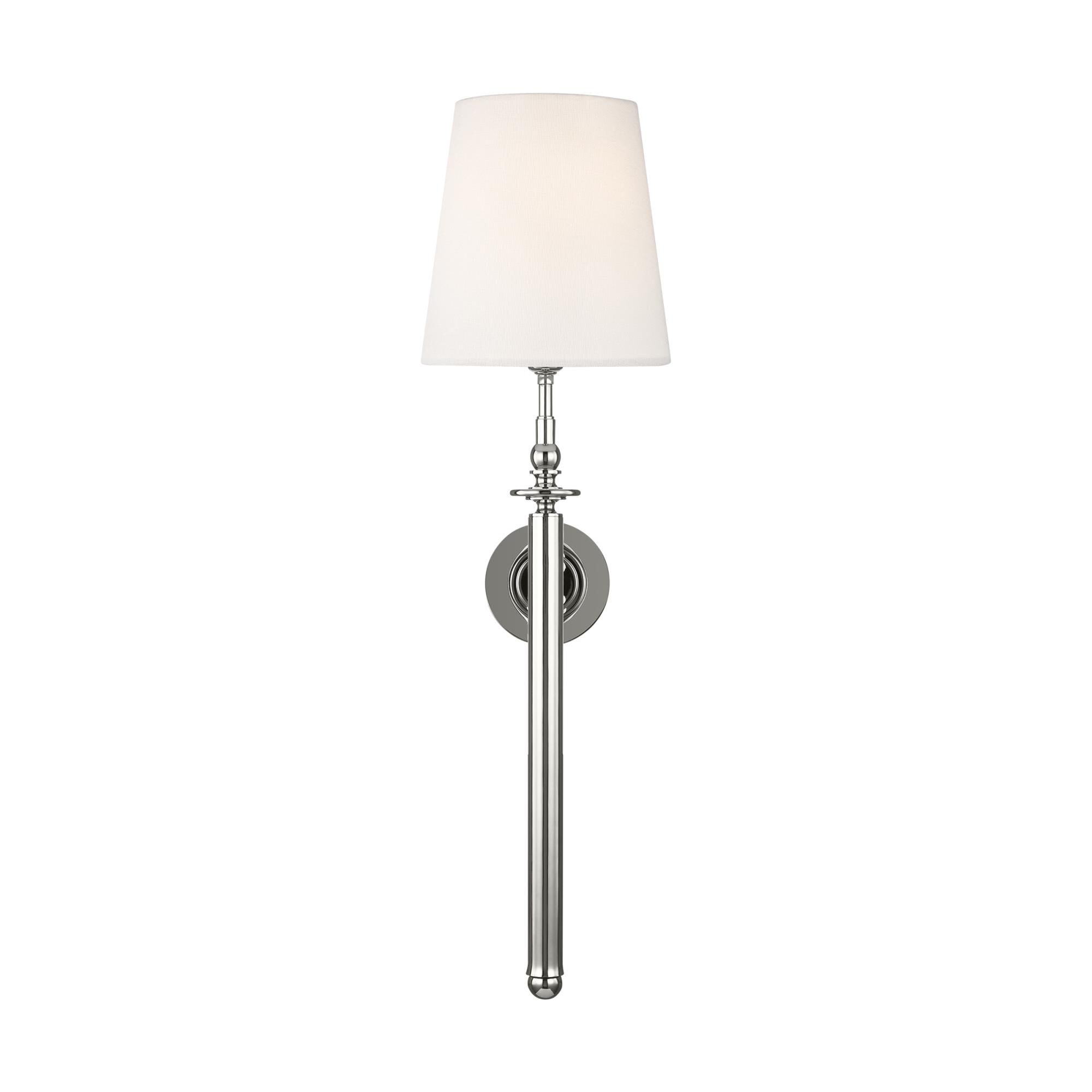 Shown in Polished Nickel finish and White Linenfabric shade