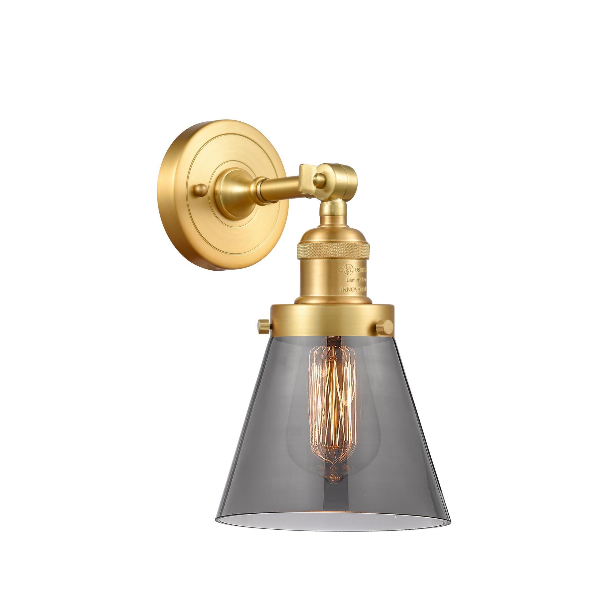 Shown in Satin Gold finish and Plated Smoke Small Cone glass
