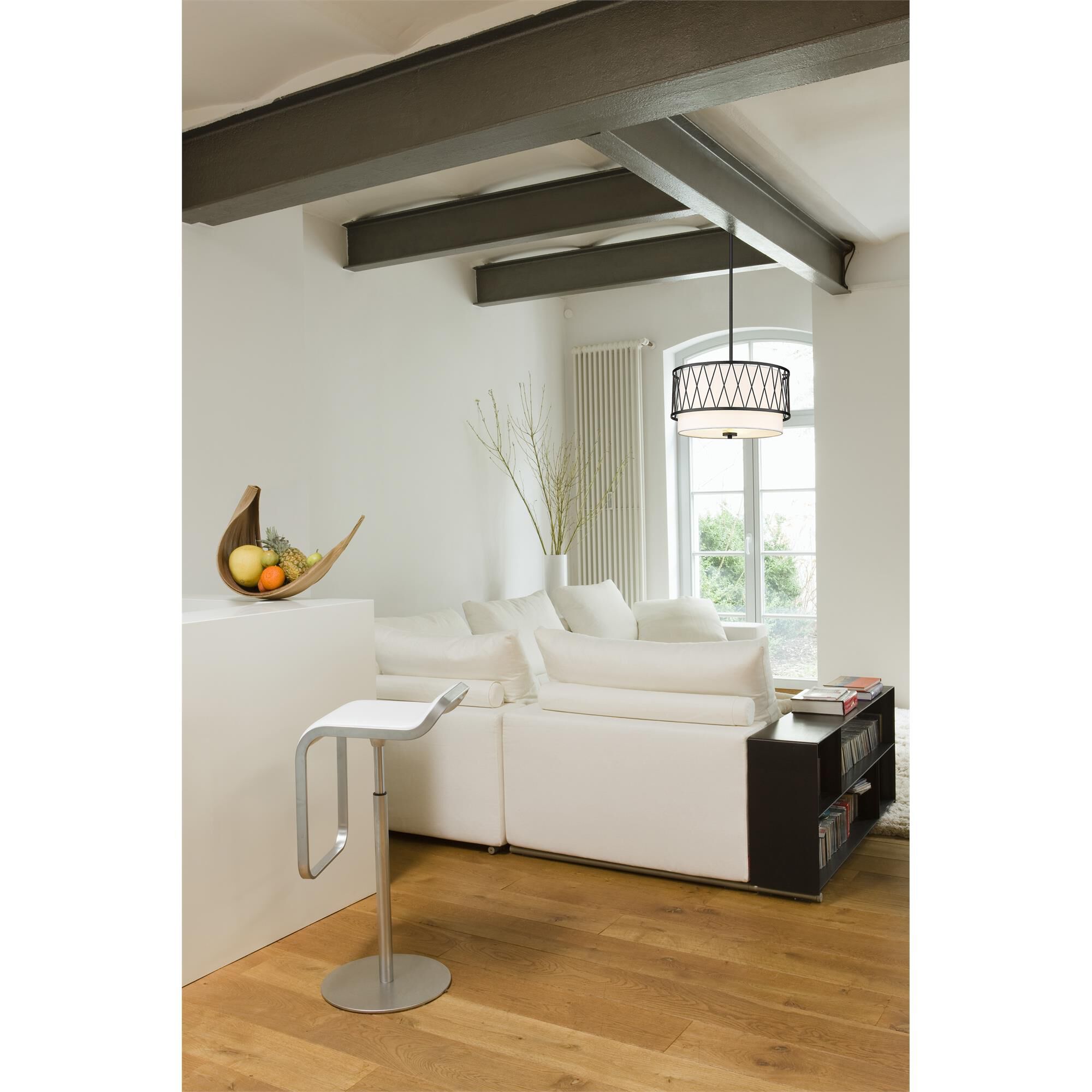 Shown in Matte Black finish and White glass and White shade