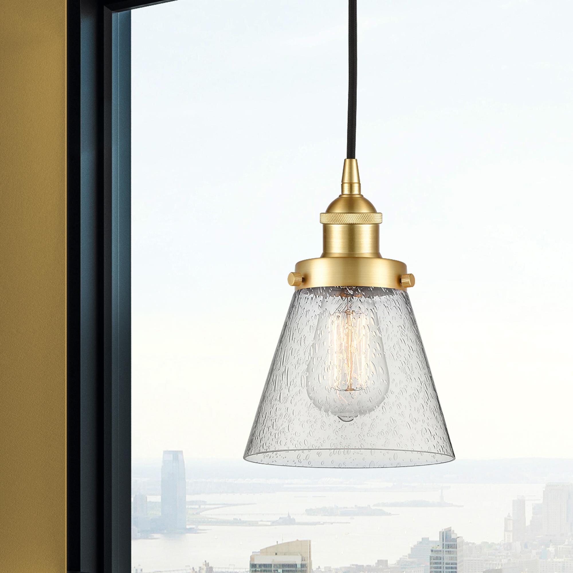 Shown in Satin Gold finish and Seedy Small Cone glass