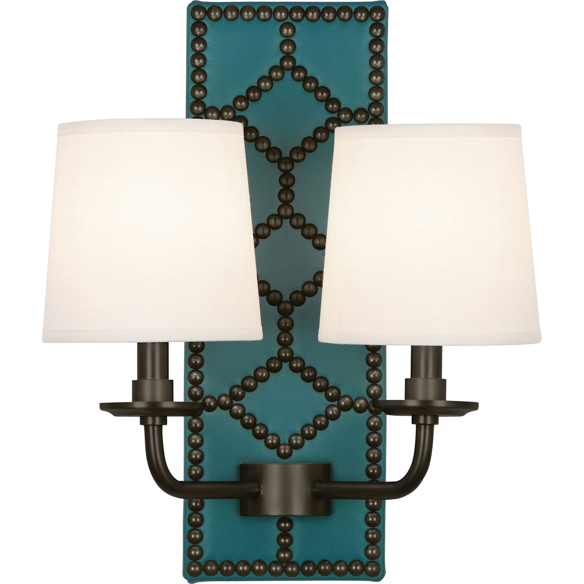 Shown in Upholstered Mayo Teal Leather And Deep Patina Bronze finish and Fondine Fabric shade