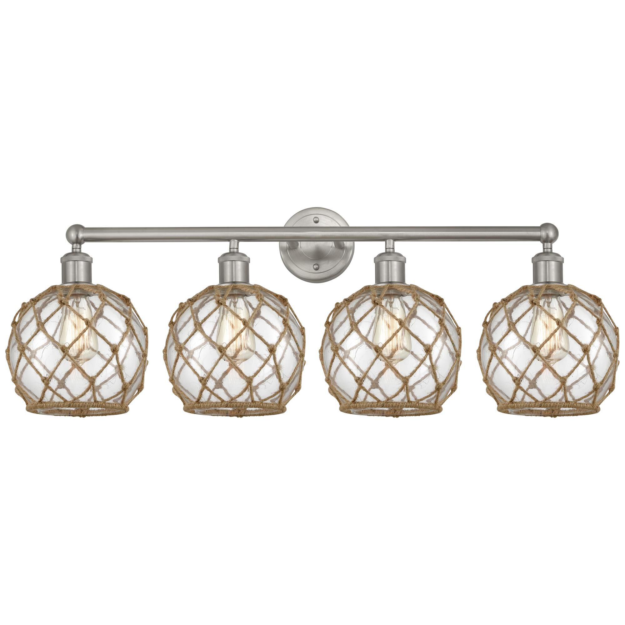 Shown in Brushed Satin Nickel finish and Clear with Brown Rope glass