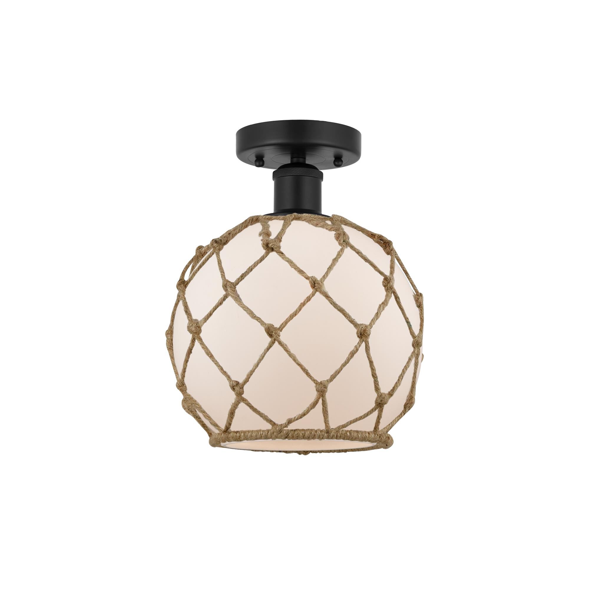 Shown in Matte Black, White Glass With Brown Rope finish and White glass and White Glass With Brown Rope Glass And Rope shade
