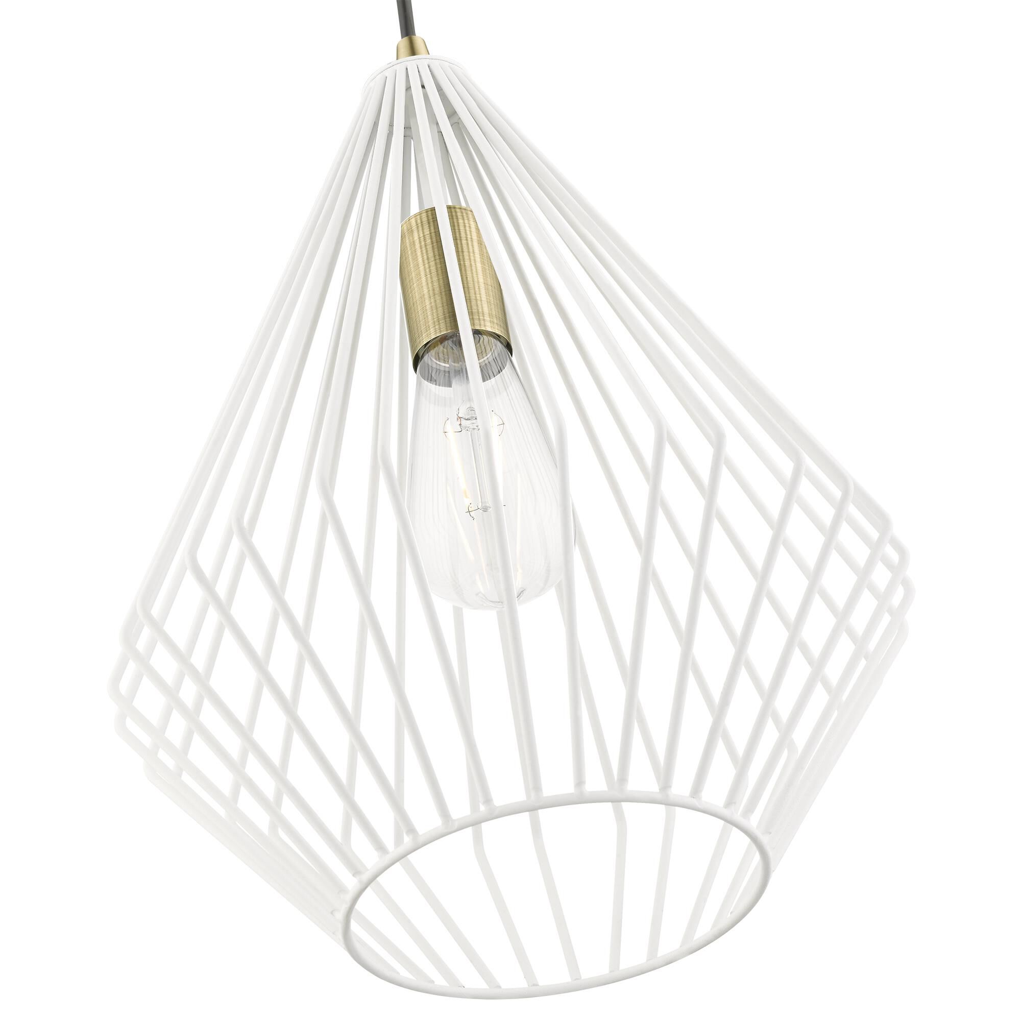 Shown in Textured White with Antique Brass Accents finish and Textured White Metal shade