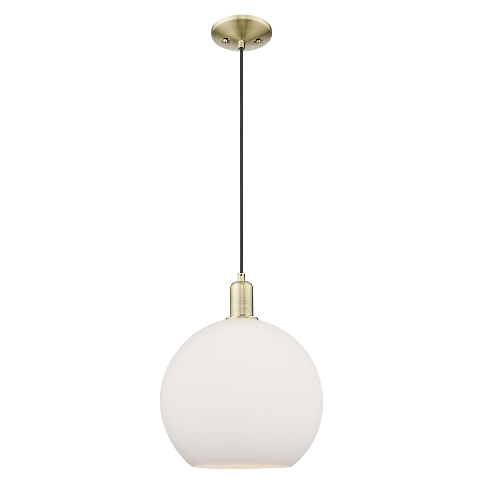 Shown in Antique Brass finish and Matte White glass