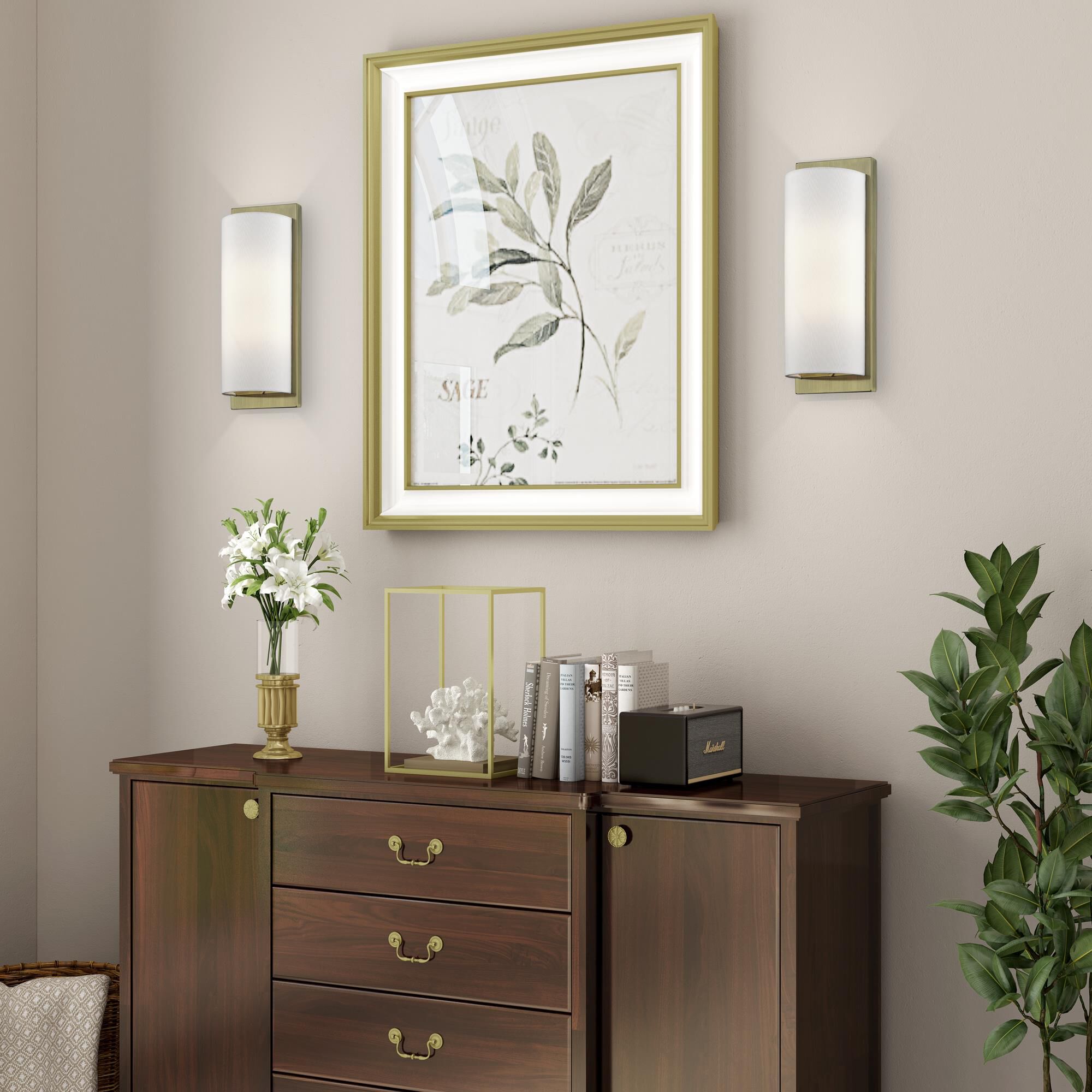 Shown in Antique Brass finish and Hand Crafted Off-White Fabric Hardback shade