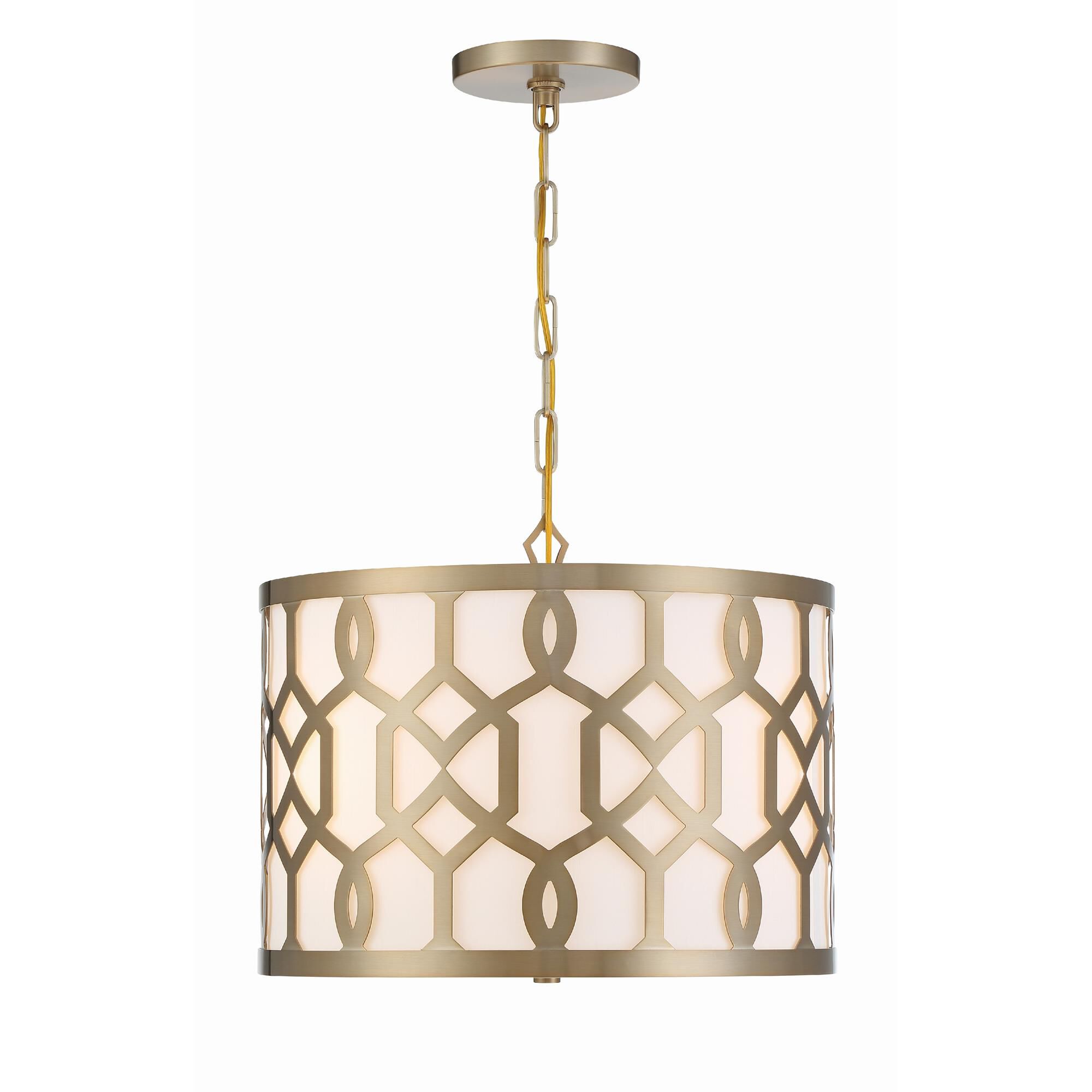 Shown in Aged Brass finish and Silk glass and White shade
