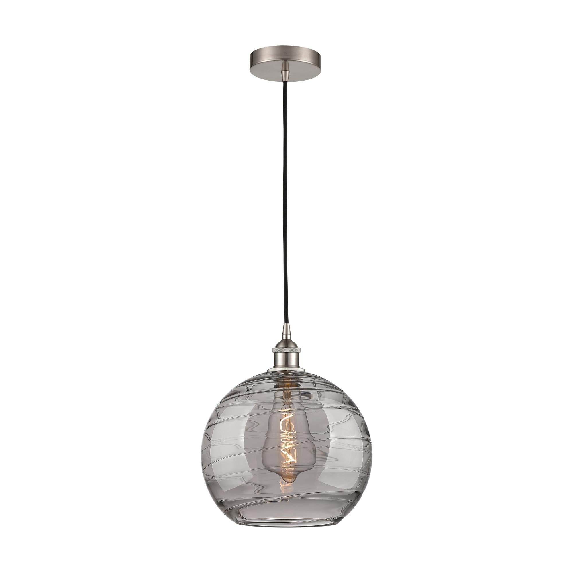 Shown in Brushed Satin Nickel finish and Light Smoke Deco Swirl glass
