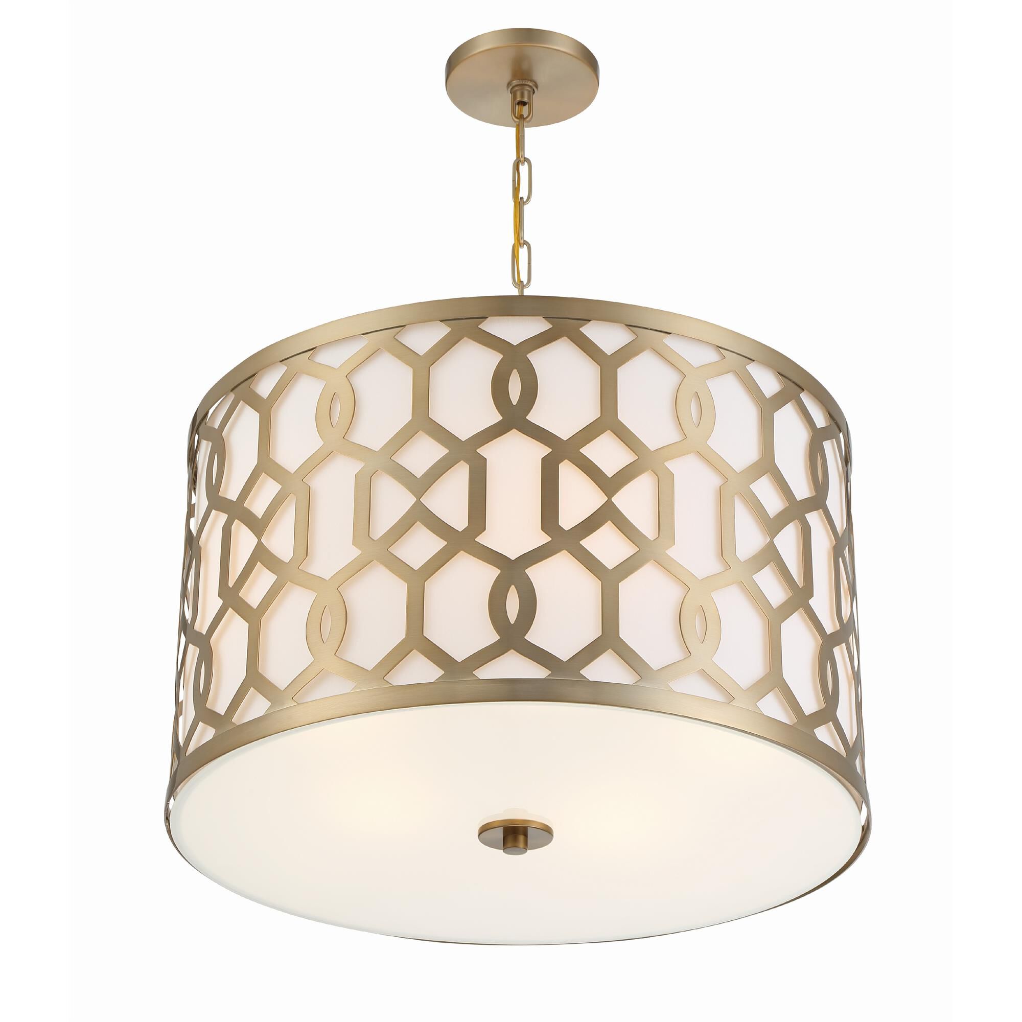 Shown in Aged Brass finish and Silk glass and White shade