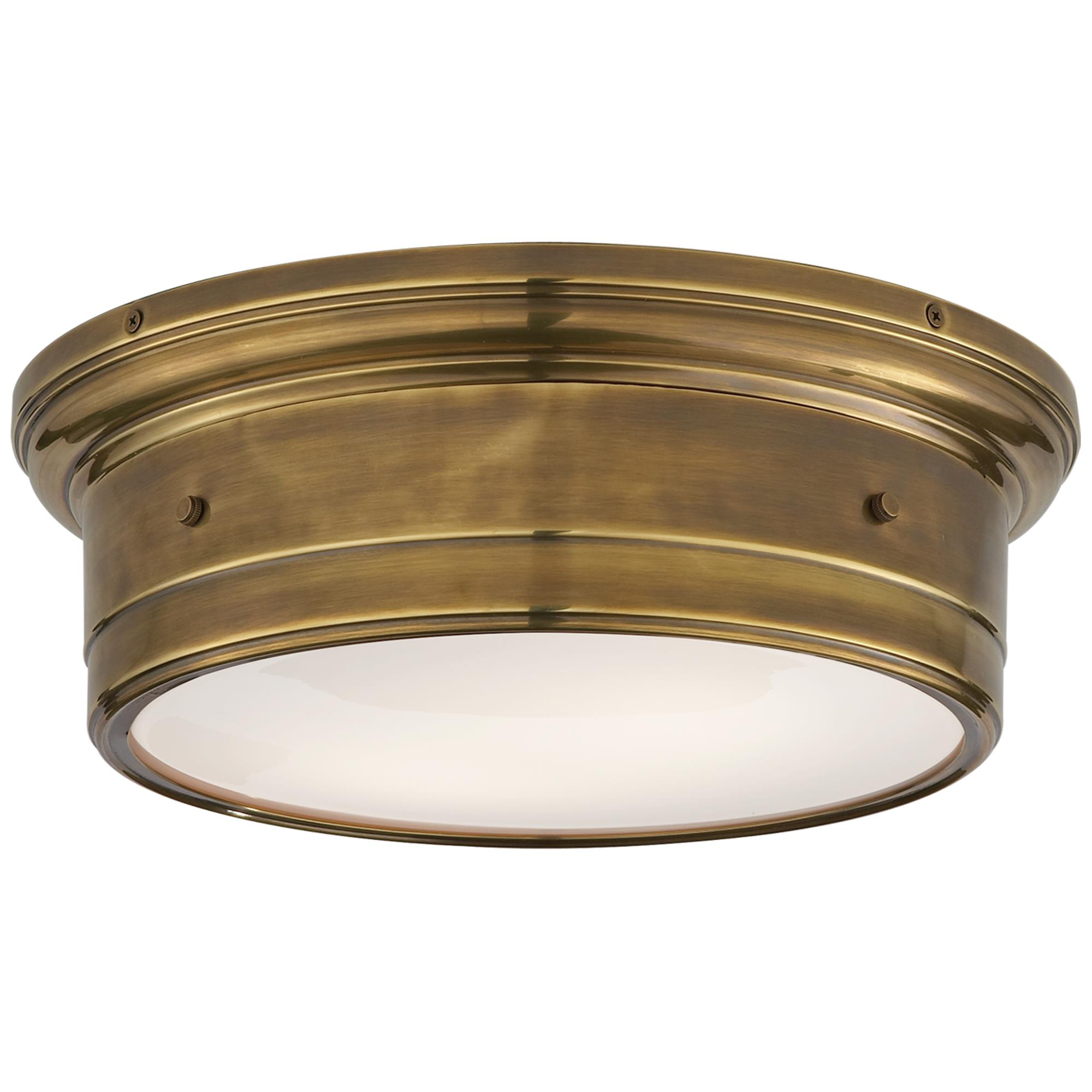 Shown in Hand-Rubbed Antique Brass finish and White glass