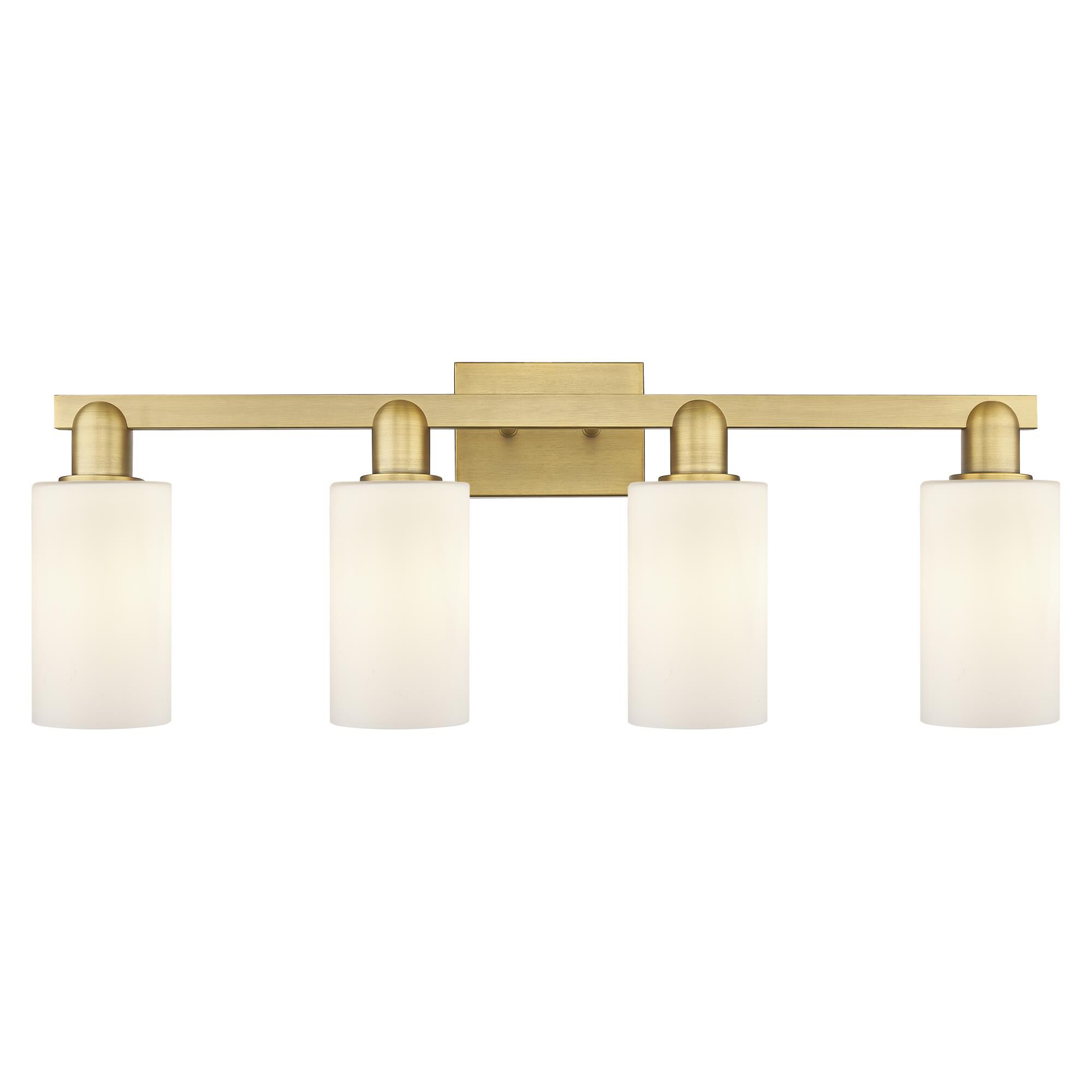 Shown in Brushed Brass finish and Matte White glass