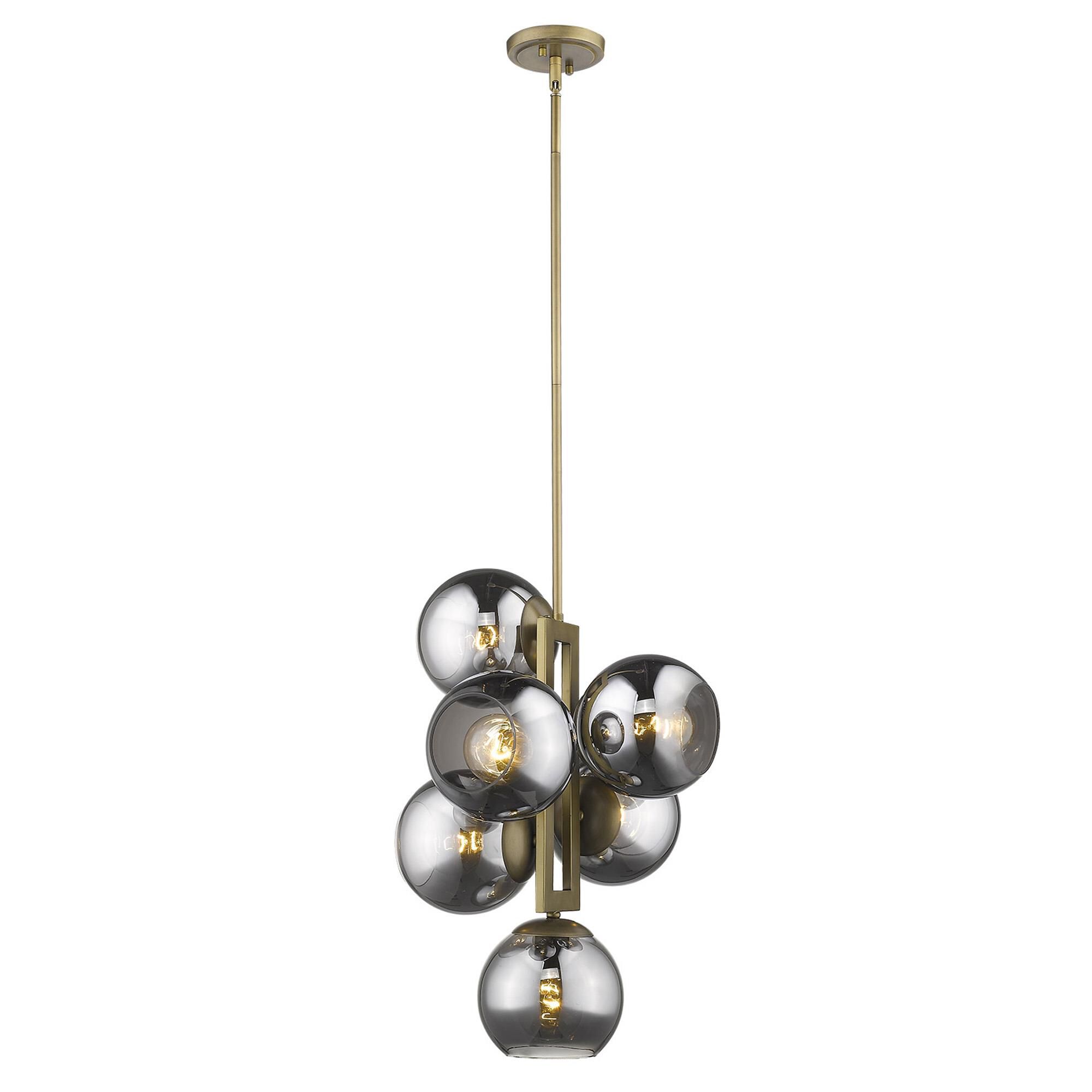 Shown in Aged Brass finish and Smoke glass and Smoke Glass Globes shade