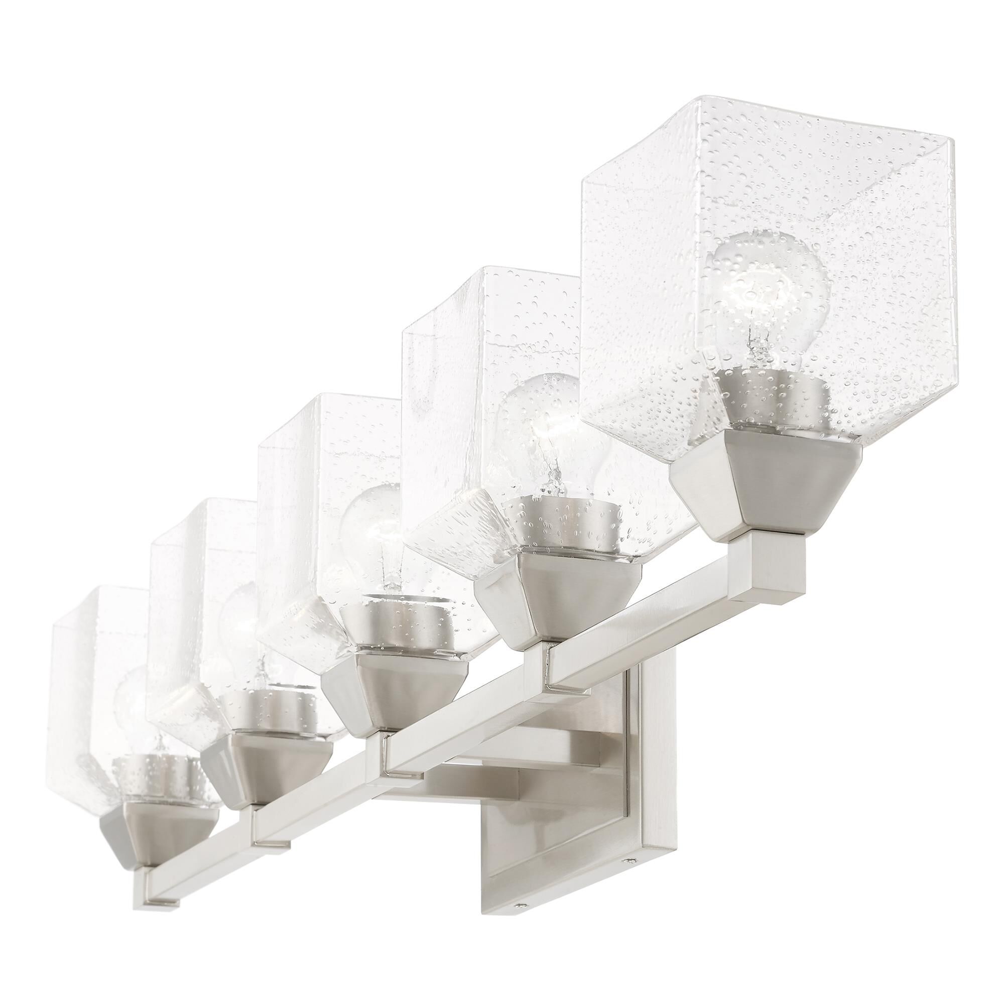 Shown in Brushed Nickel finish and Hand Blown Clear Seeded glass