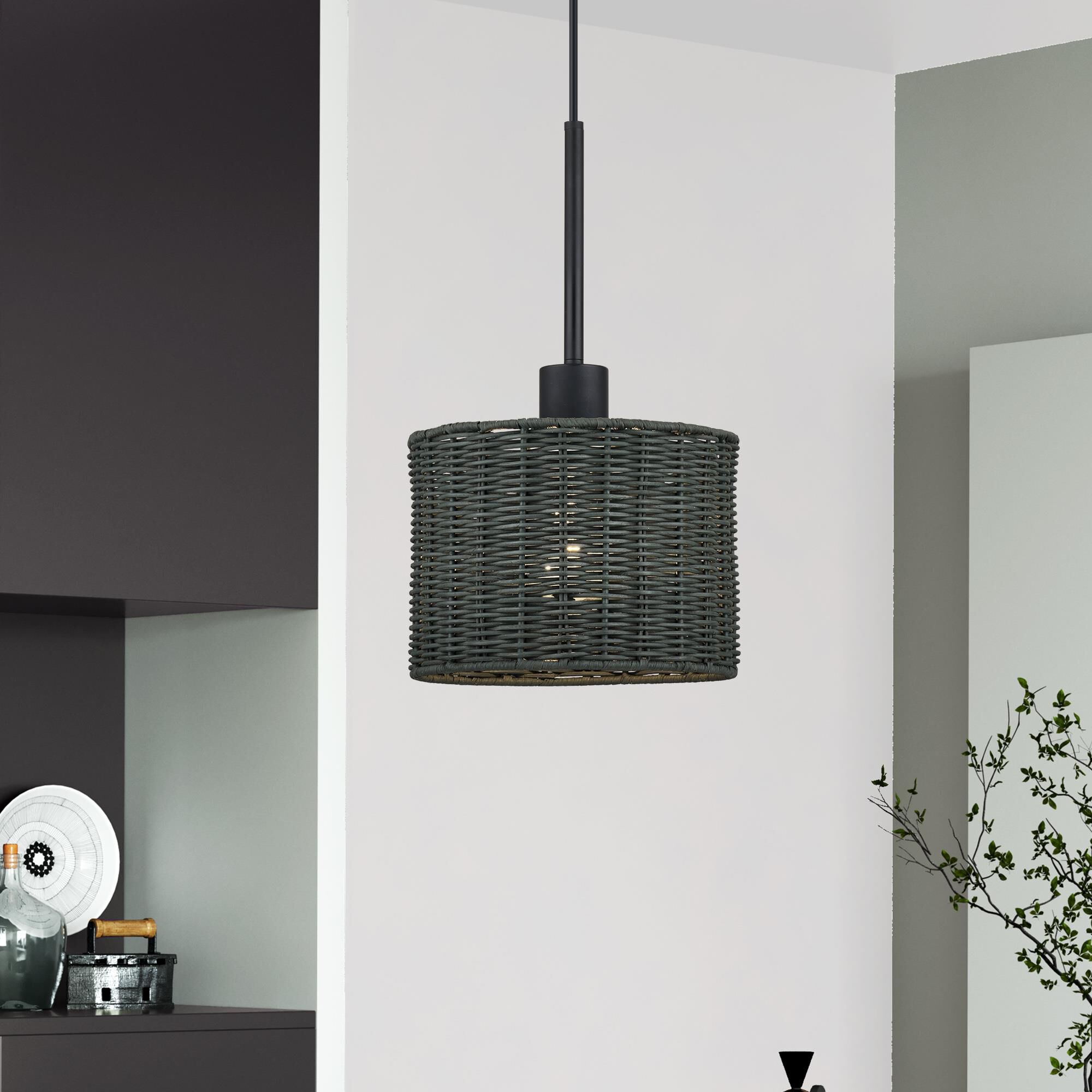 Shown in Black finish and Hand-Woven Charred Gray Color Rattan shade