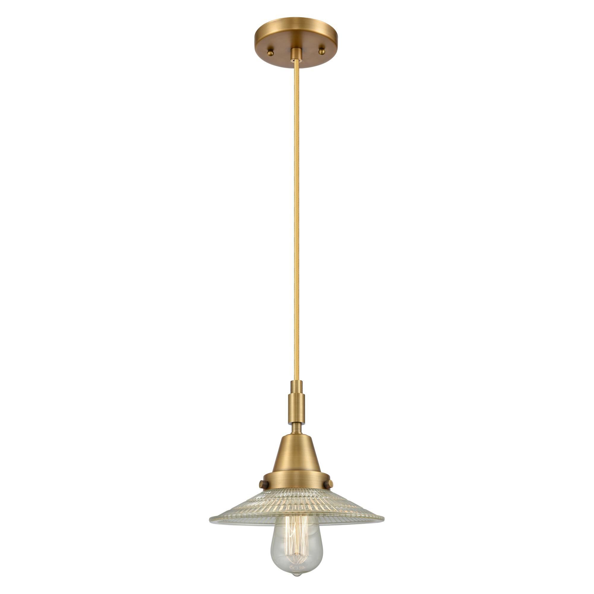 Shown in Brushed Brass finish and Clear Halophane glass