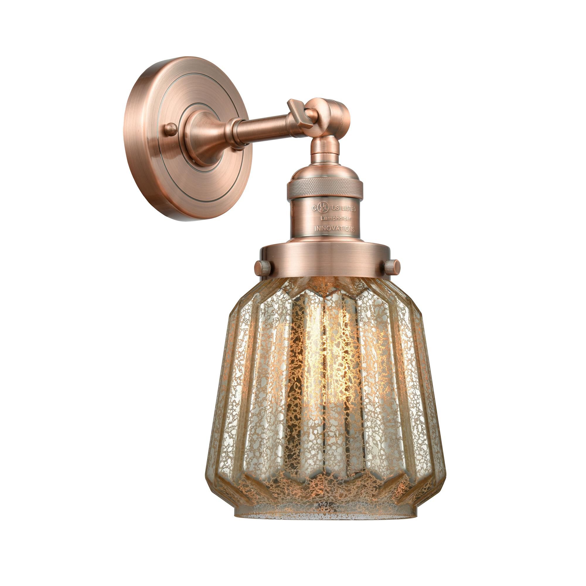Shown in Antique Copper finish and Mercury Fluted glass