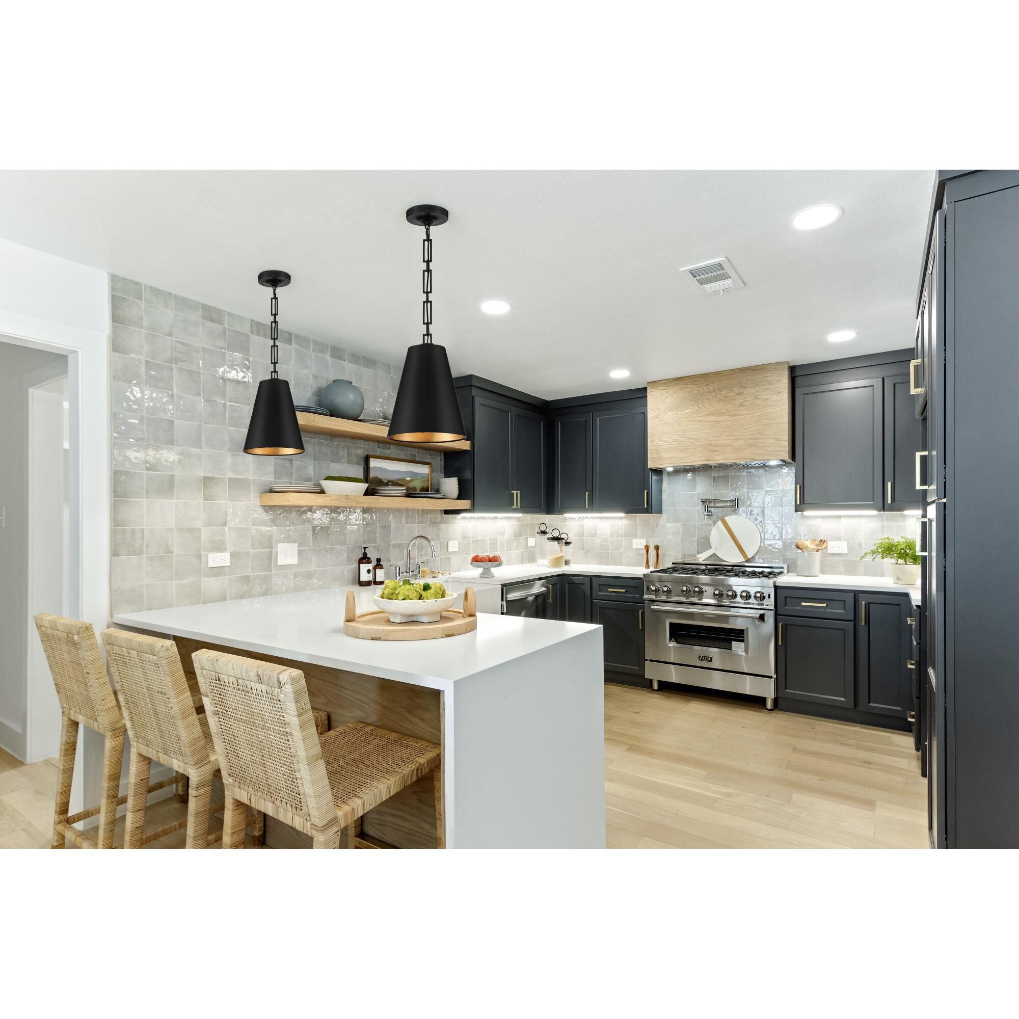 Shown in Matte Black + Antique Gold finish and Iron glass and Black shade